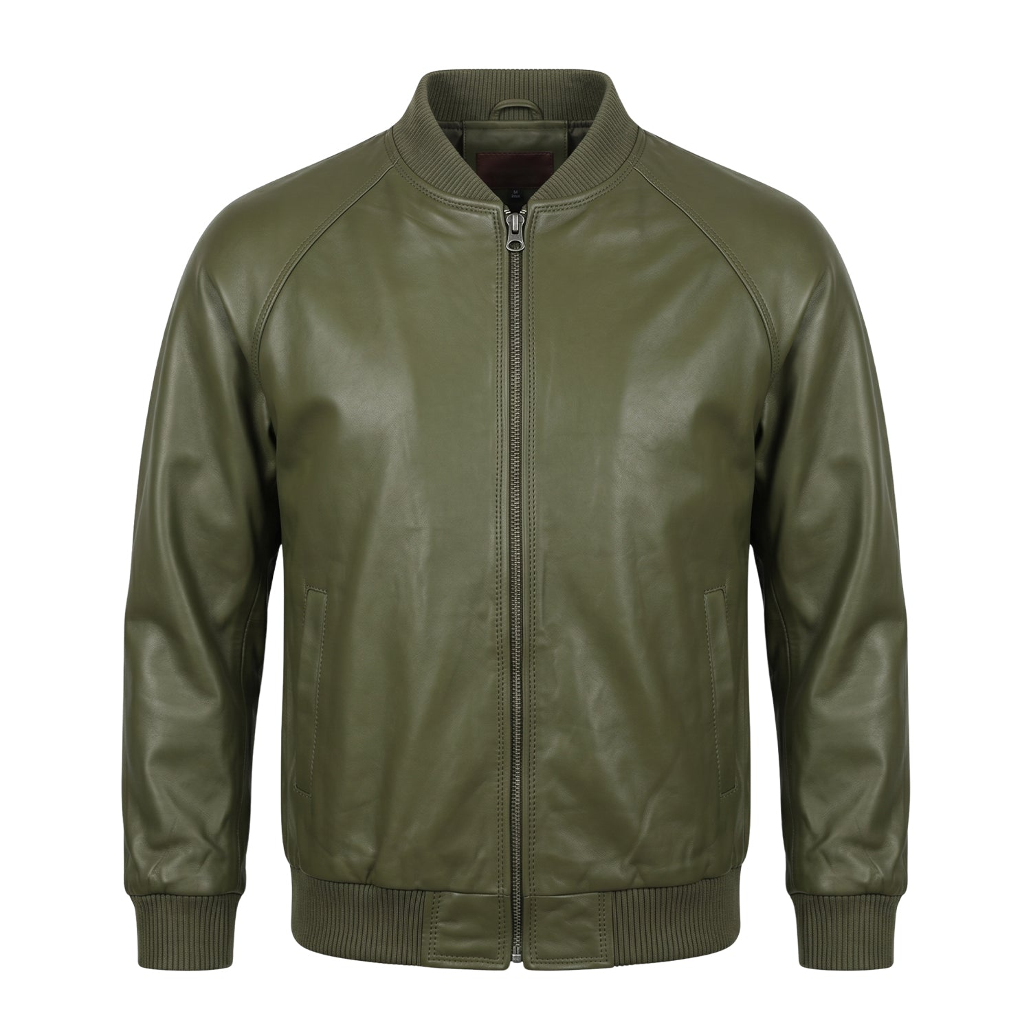 Men's Bomber Ribbed Cuffs Olive Green Leather Jacket