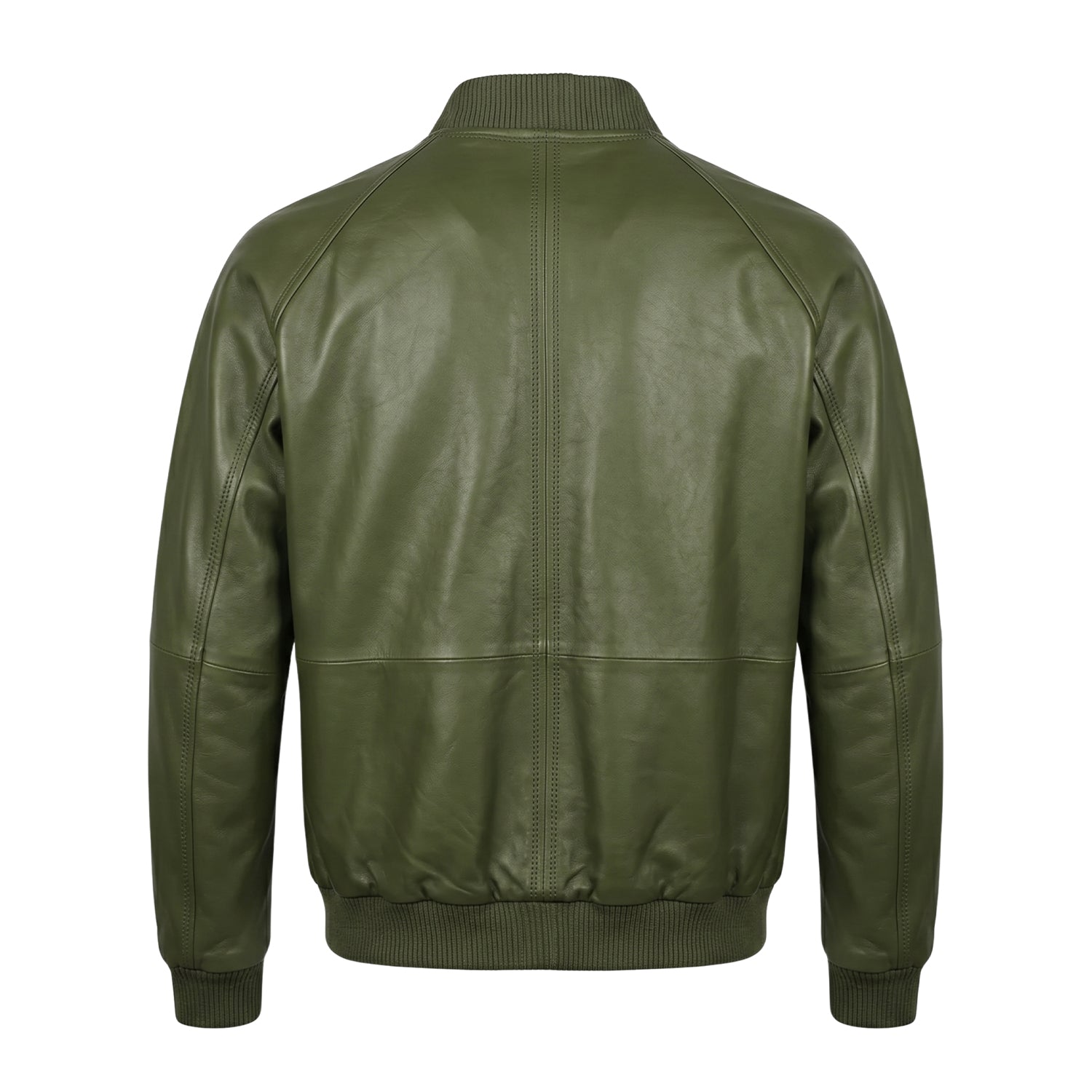 Men's Bomber Ribbed Cuffs Olive Green Leather Jacket (Back)