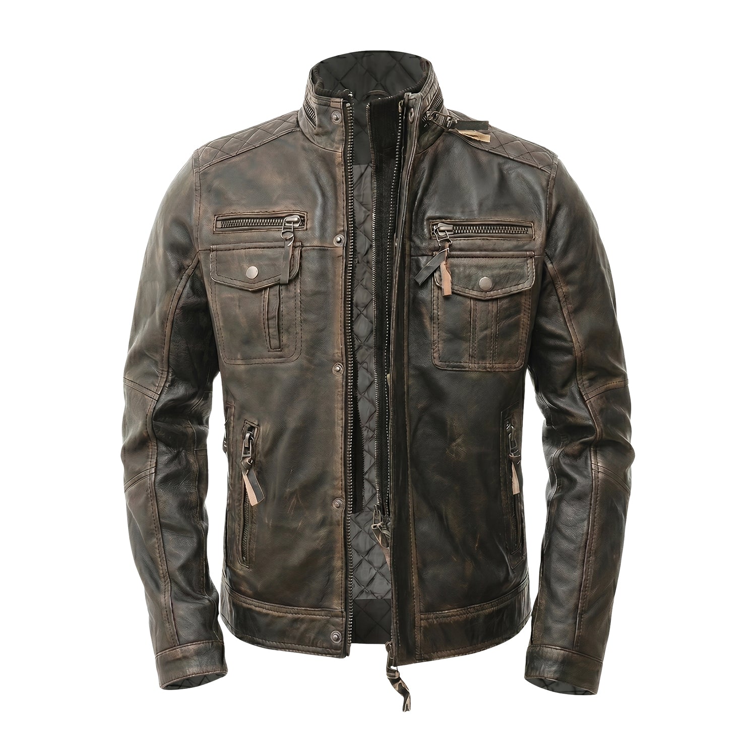 Men's Cafe Racer Distressed Finish Brown Leather Jacket