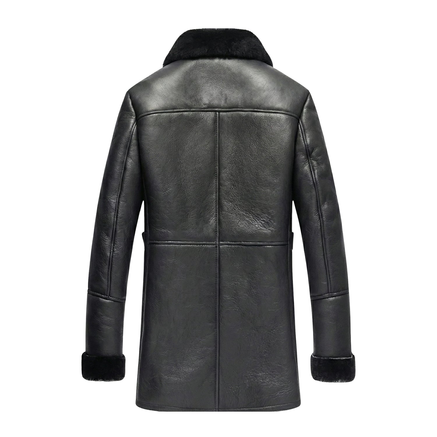 Men's Aviator Plush Shearling Lining Black Trench Coat (Back)