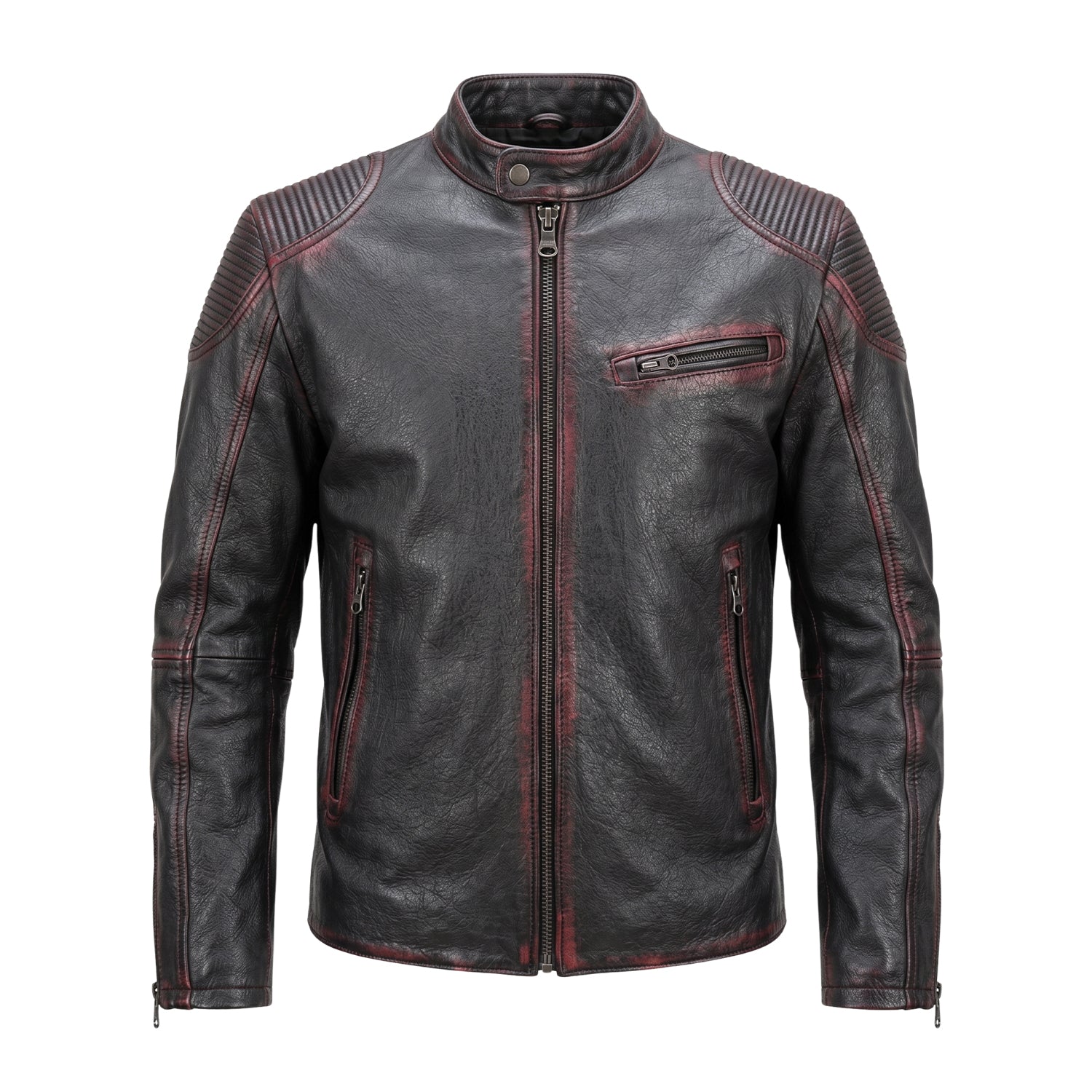Men's Biker Ribbed Cuffs Black Leather Jacket