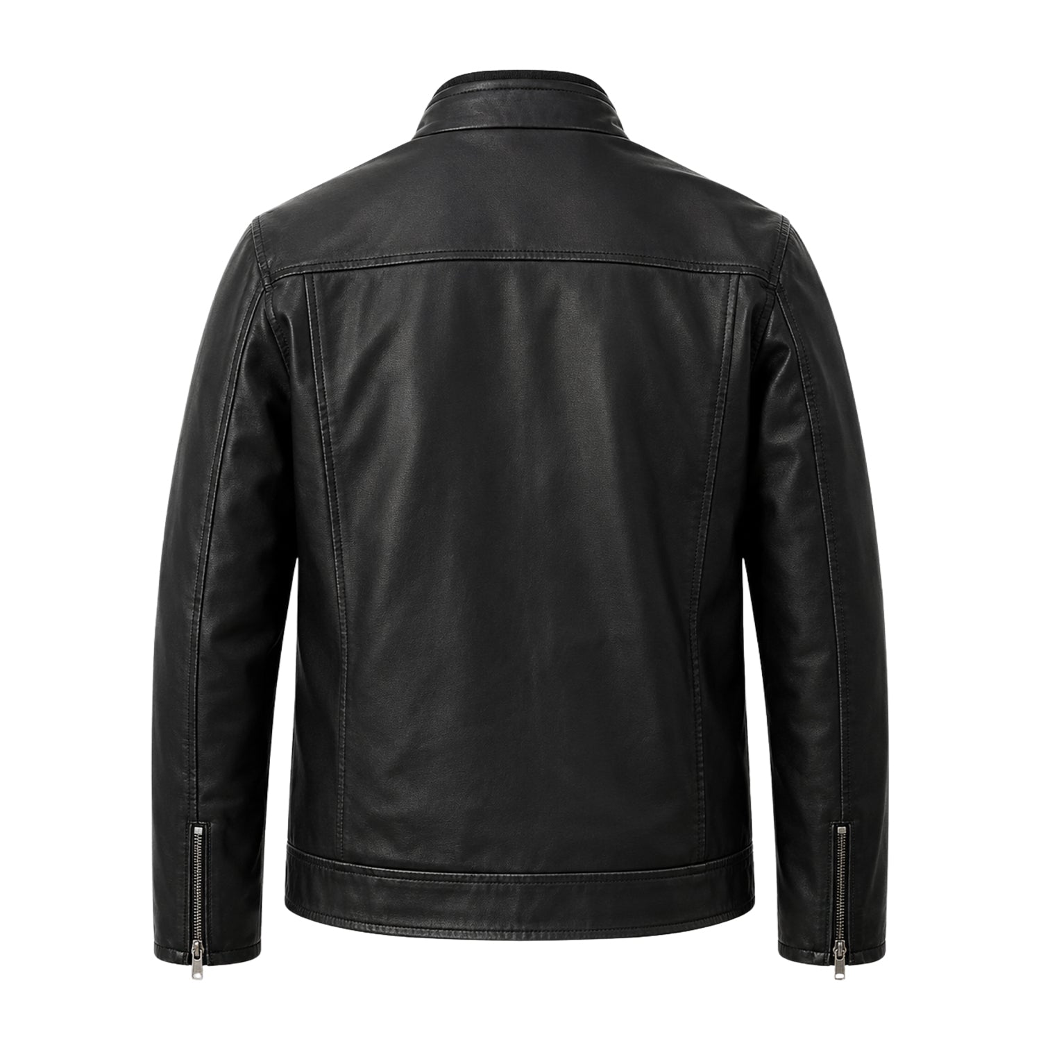 Men's Biker Ribbed Cuffs Black Premium Leather Jacket (Back)