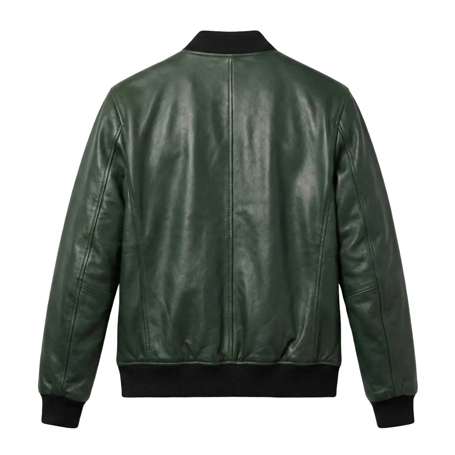 Men's Bomber Ribbed Cuffs Green Leather Jacket (Back)