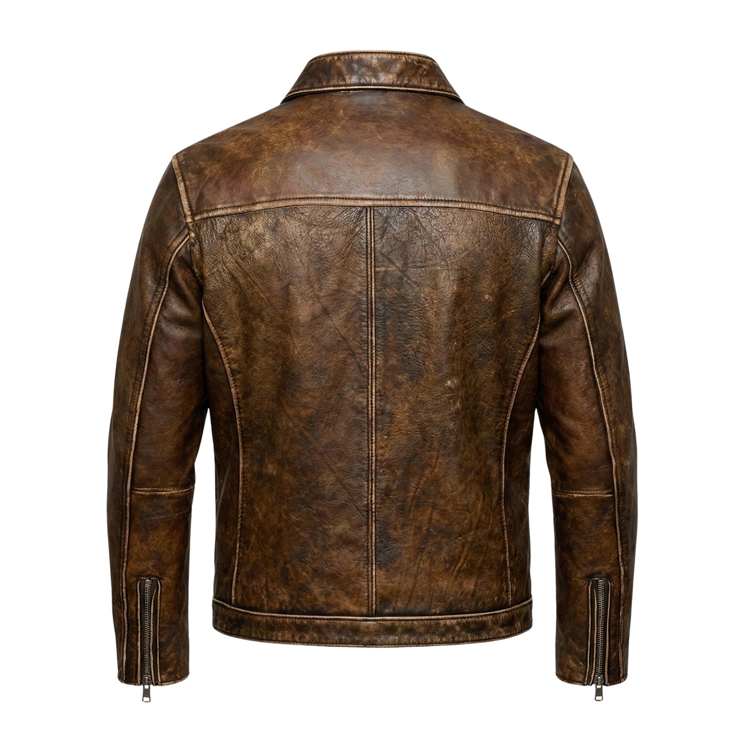 Men's Cafe Racer Asymmetric Zip Brown Leather Jacket (Back)