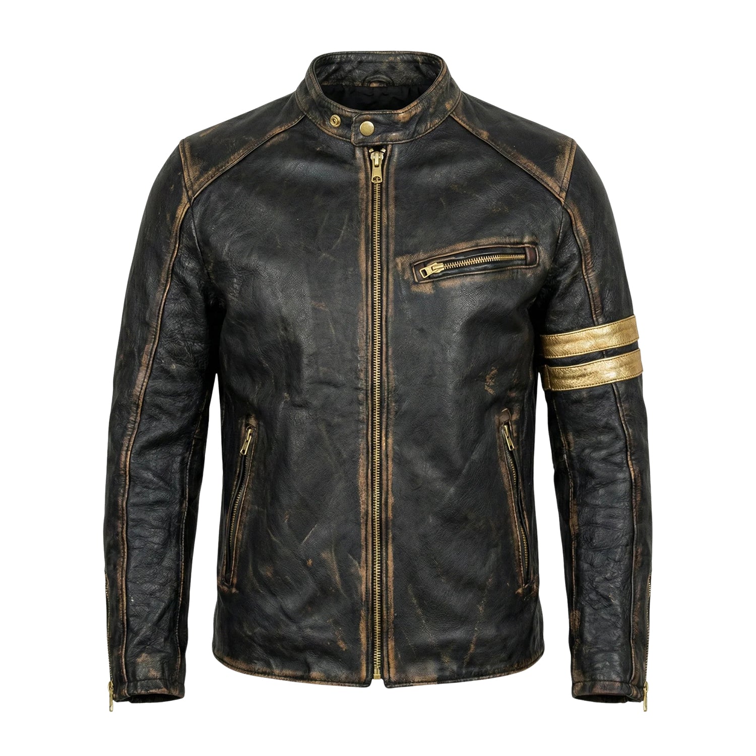 Men's Cafe Racer Distressed Finish Black Leather Jacket