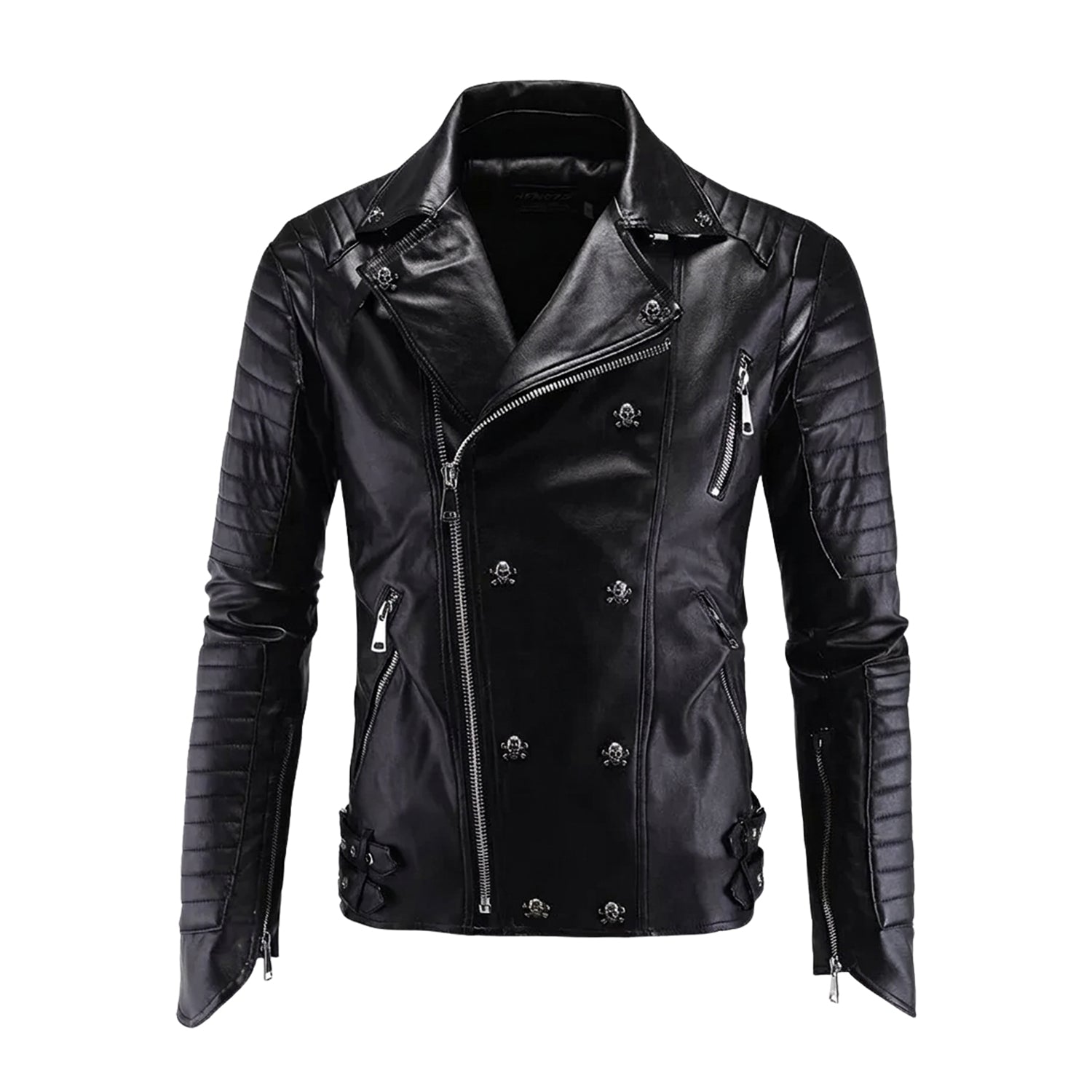 Men's Cafe Racer Ribbed Cuffs Black Faux Leather Jacket
