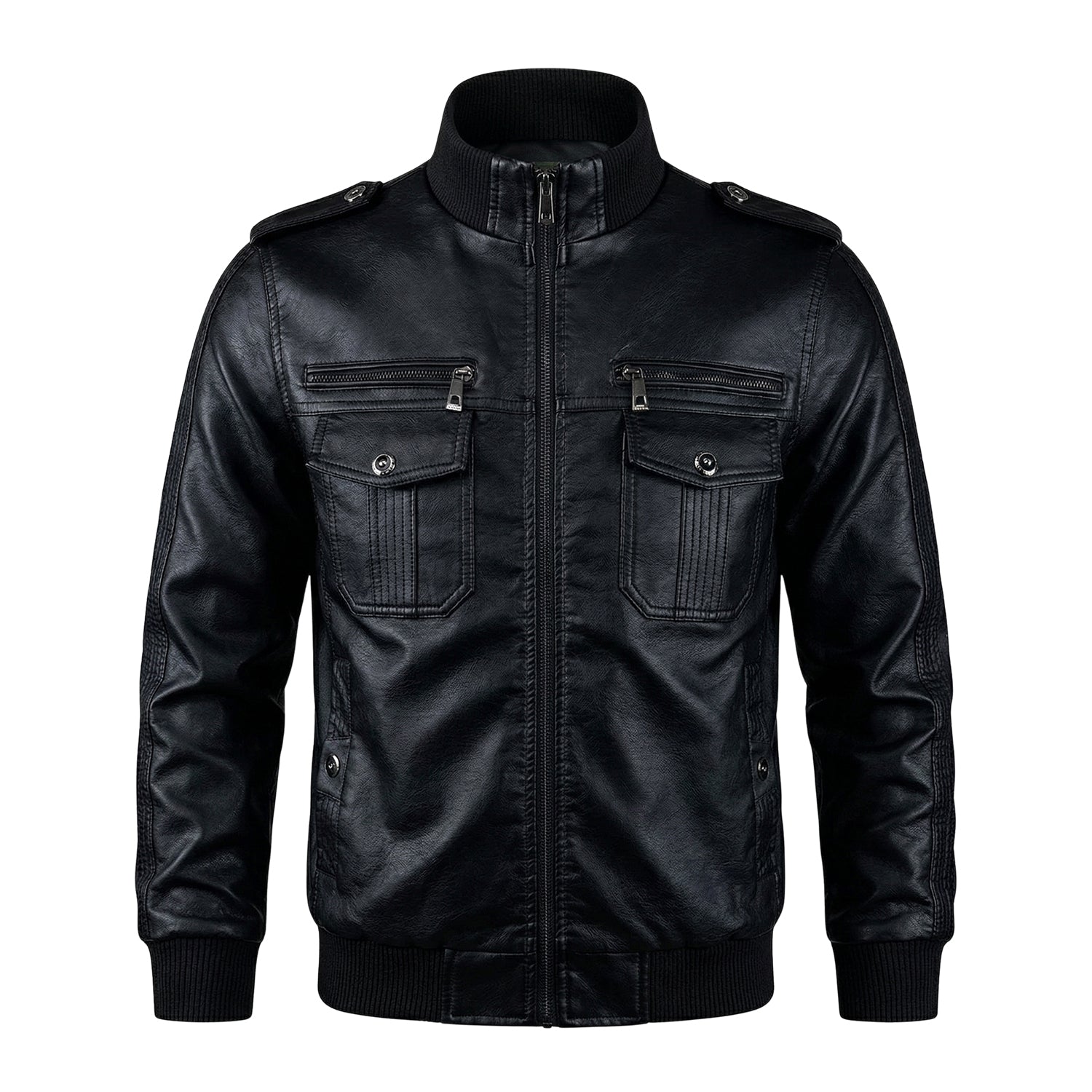 Men's Cafe Racer Ribbed Cuffs Black Leather Jacket