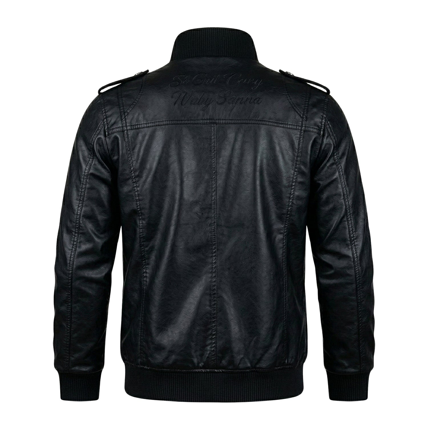 Men's Cafe Racer Ribbed Cuffs Black Leather Jacket (Back)