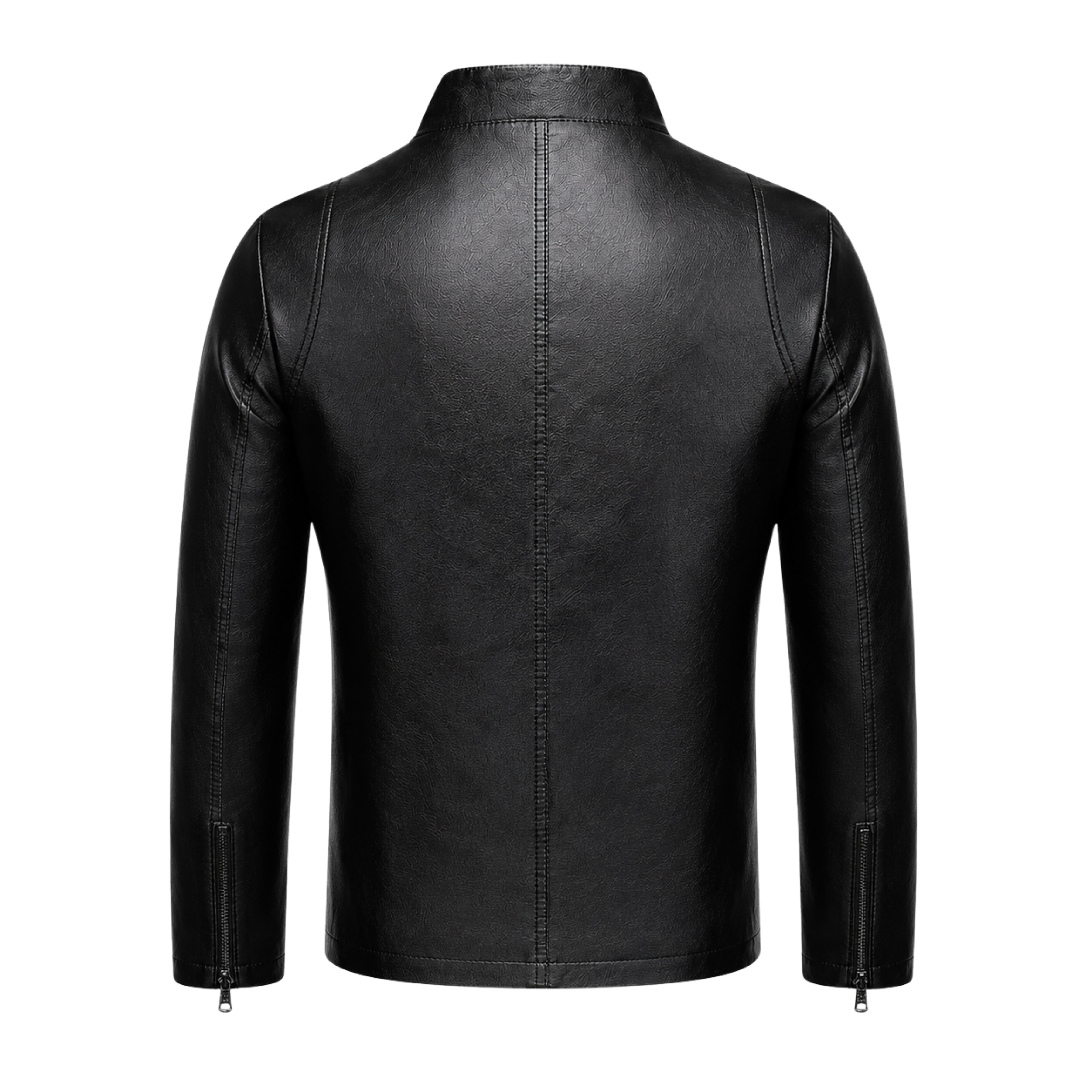 Men's Cafe Racer Ribbed Cuffs Black PU Leather Jacket (Back)