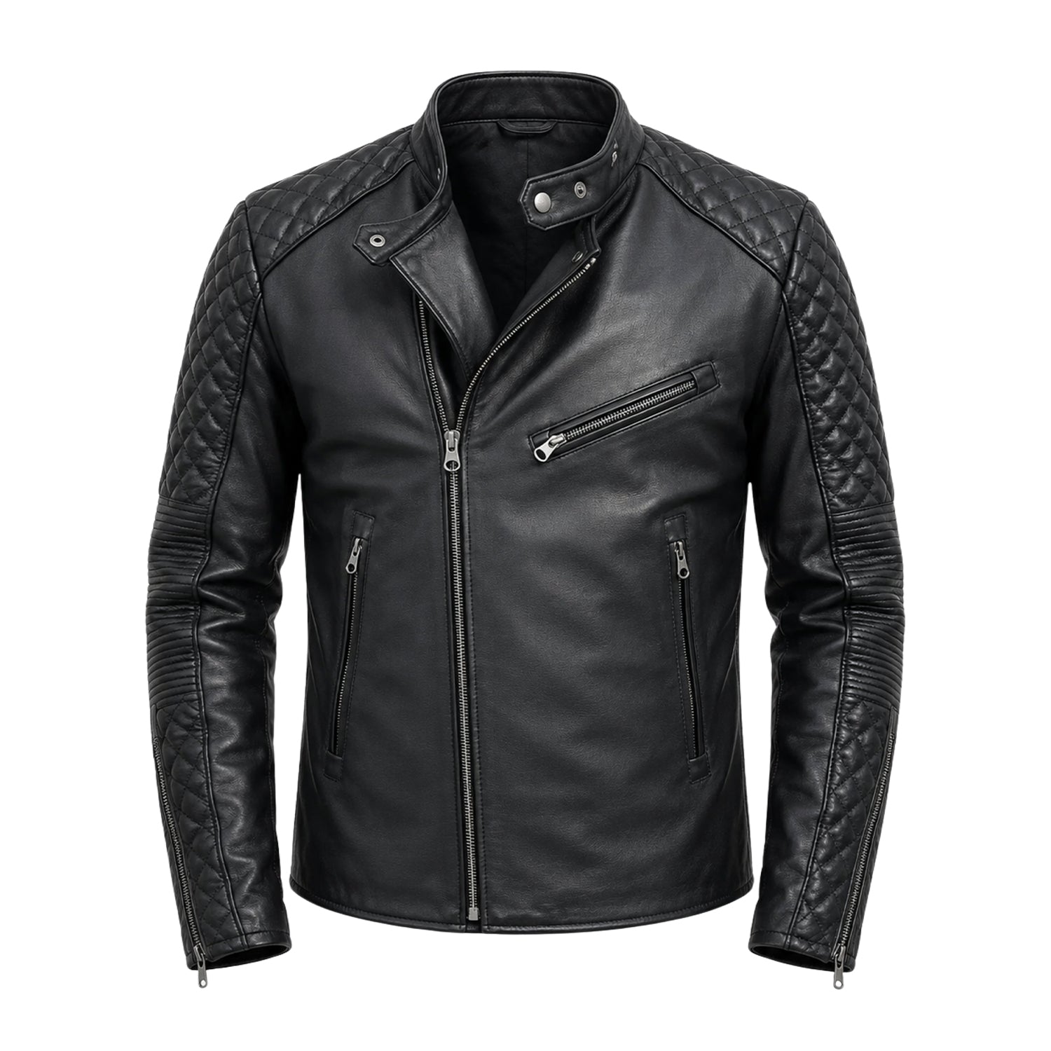 Men's Cafe Racer Ribbed Cuffs Black Premium Leather Jacket