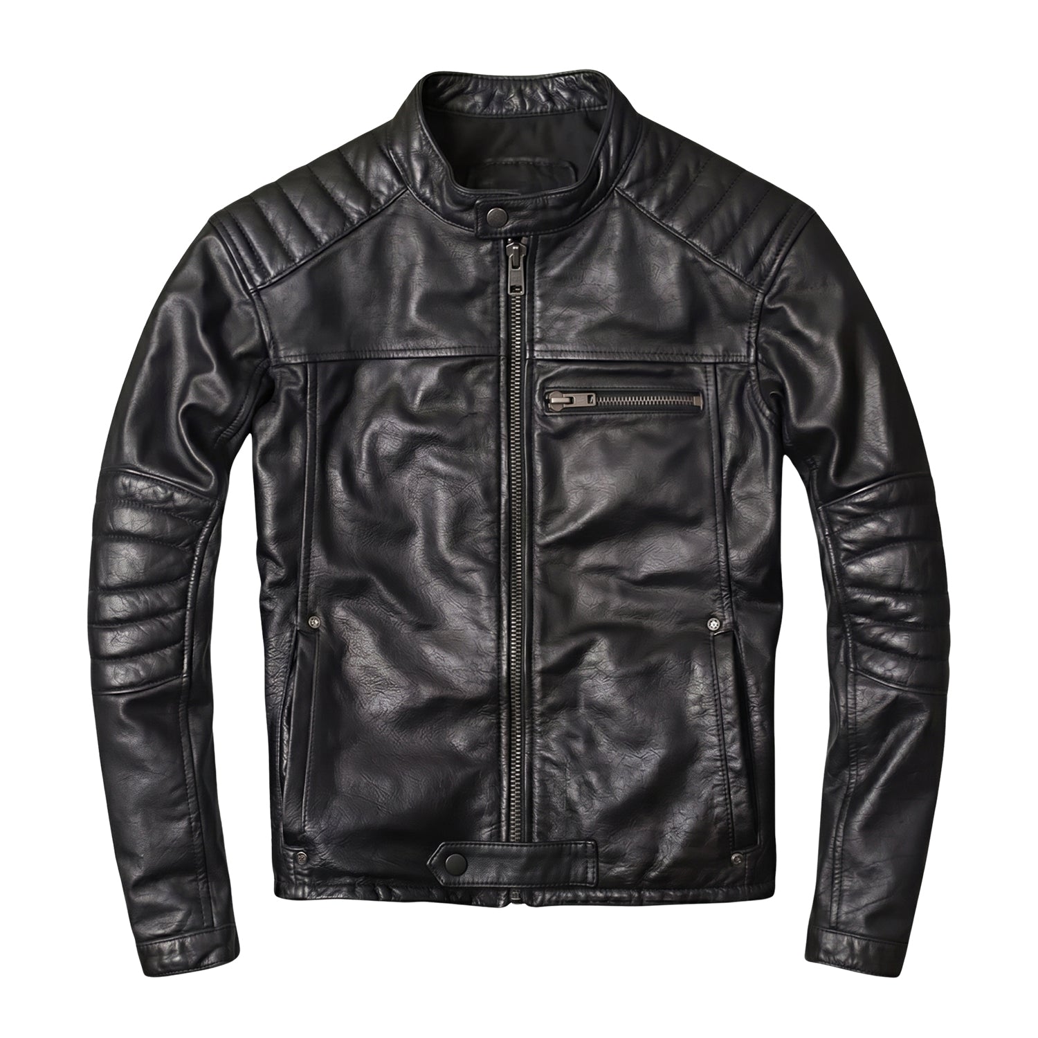 Men's Cafe Racer Ribbed Cuffs Black Sheepskin Leather Jacket