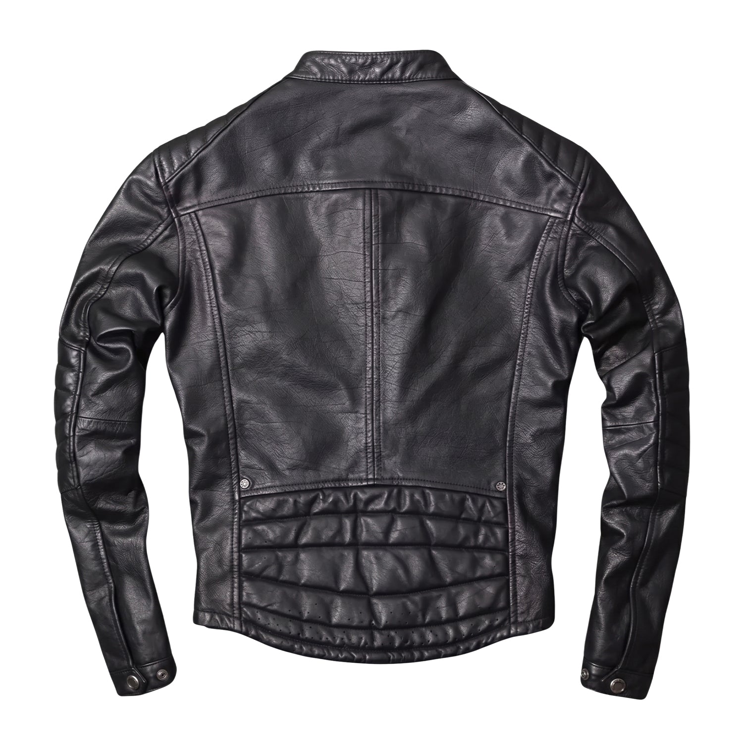 Men's Cafe Racer Ribbed Cuffs Black Sheepskin Leather Jacket (Back)