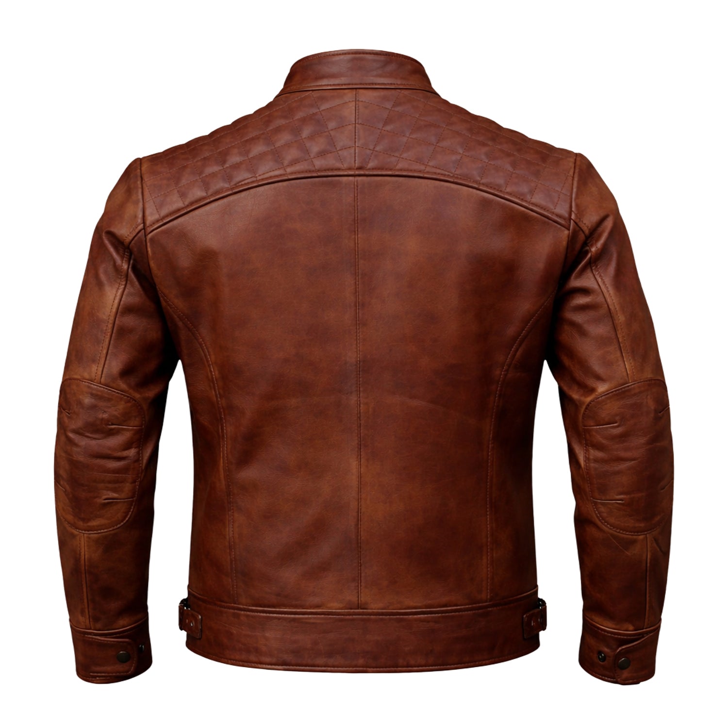 Men's Cafe Racer Ribbed Cuffs Brown Sheepskin Leather Jacket (Back)