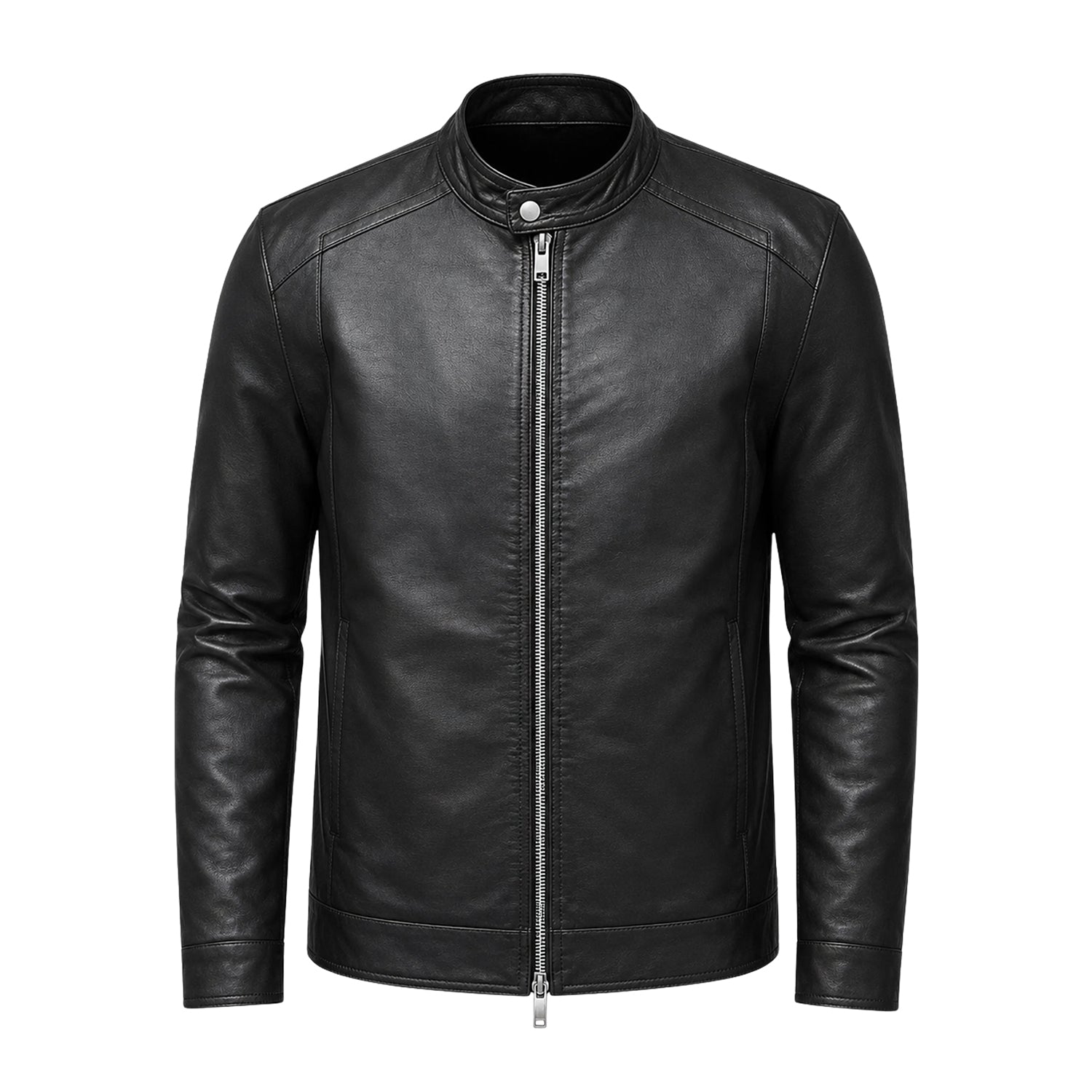 Men's Cafe Racer Ribbed Cuffs Premium Black Leather Jacket