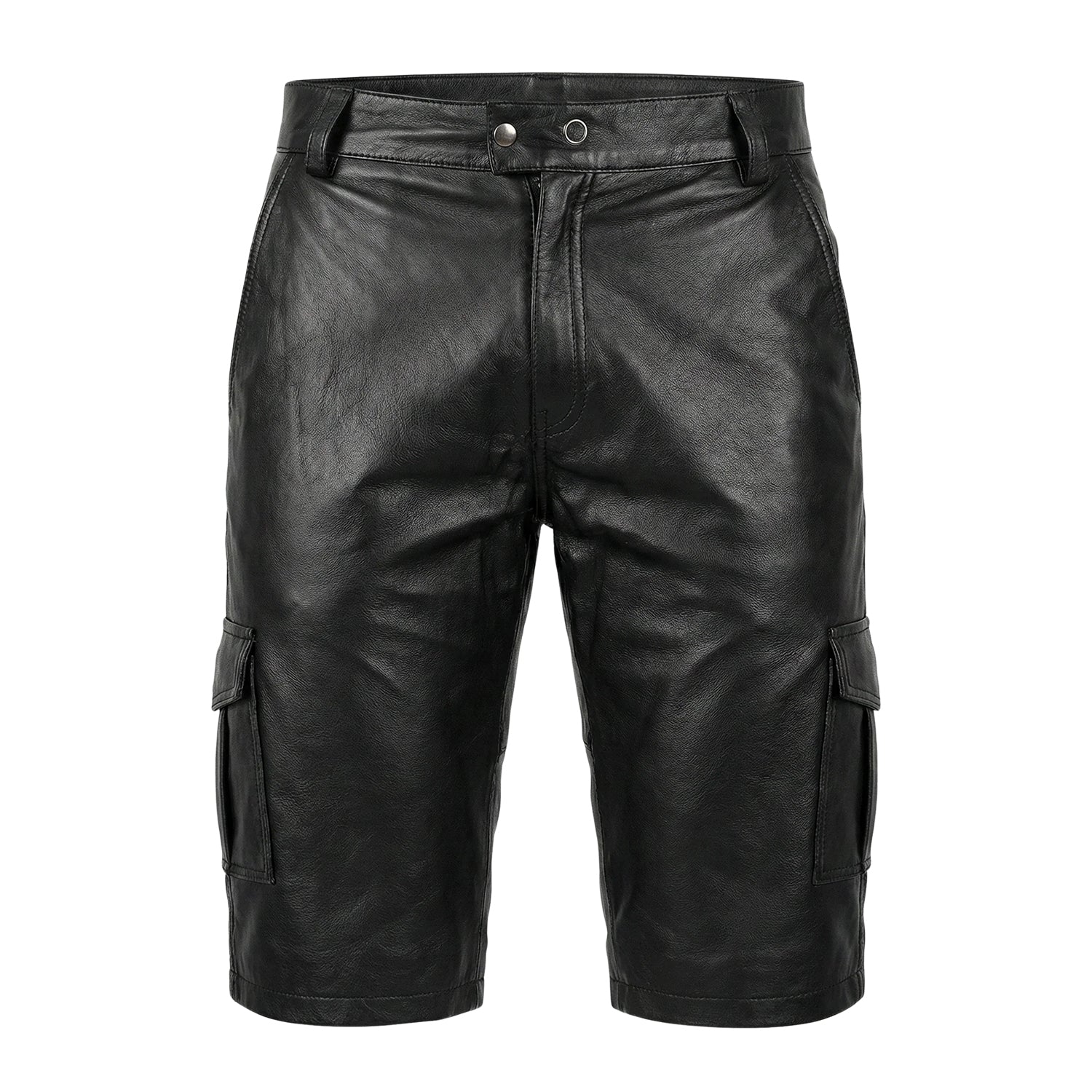 Men’s Cargo Multiple Pockets Black Leather Shorts