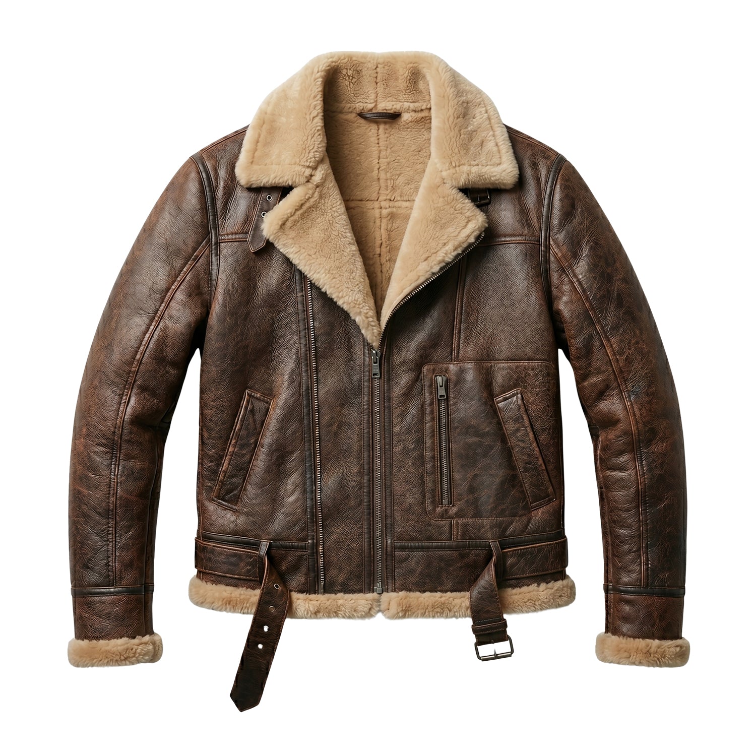 Men's Coat Distressed Leather Brown Shearling Jacket
