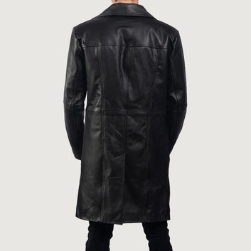 Men Long Black Leather Trench Coat