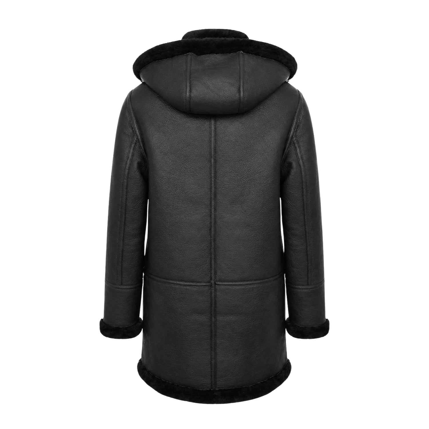 Men's Duffle Plush Shearling Lining Black Trench Coat (Back)