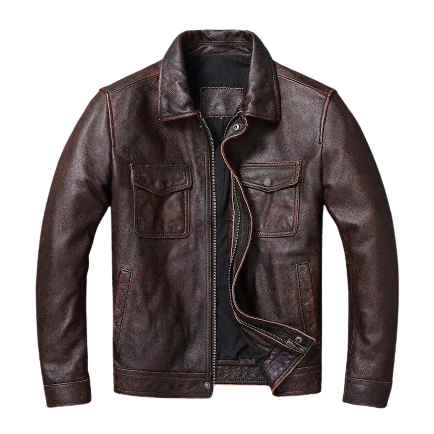 Men's Moto Ribbed Cuffs Brown Leather Jacket