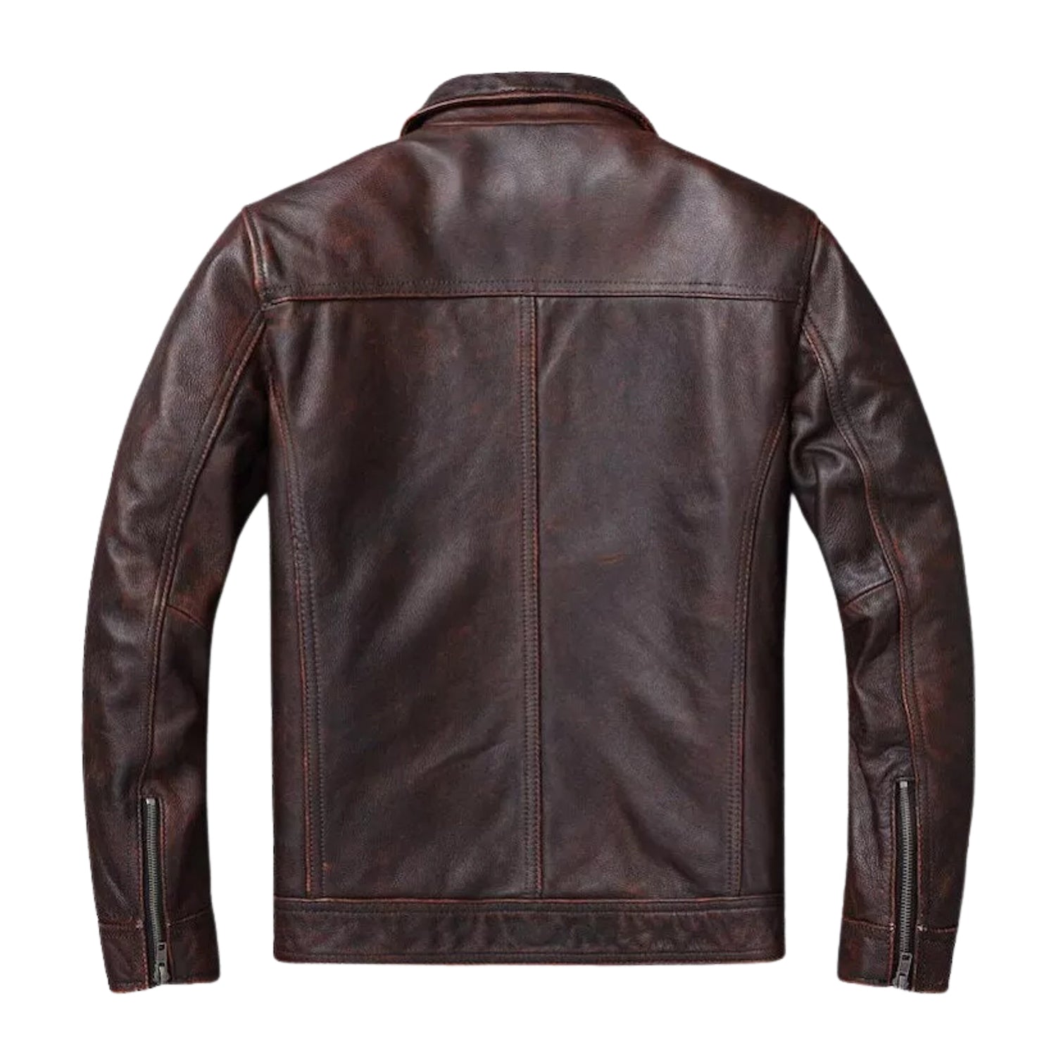 Men's Moto Ribbed Cuffs Brown Leather Jacket (Back)