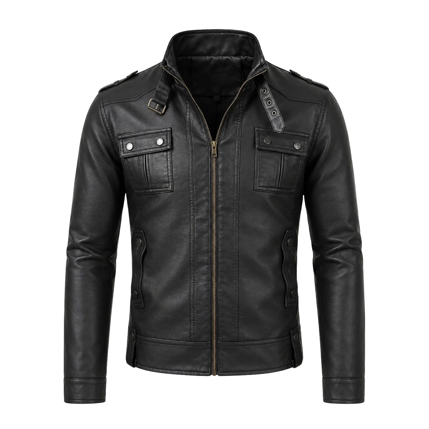 Men's Moto Strap Collar Black Leather Jacket