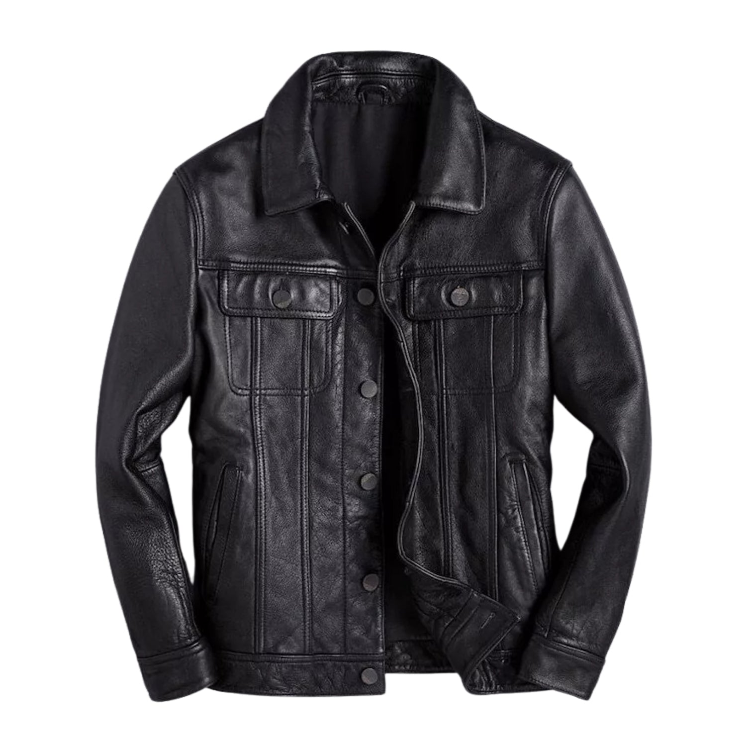 Men's Trucker Ribbed Cuffs Black Leather Jacket