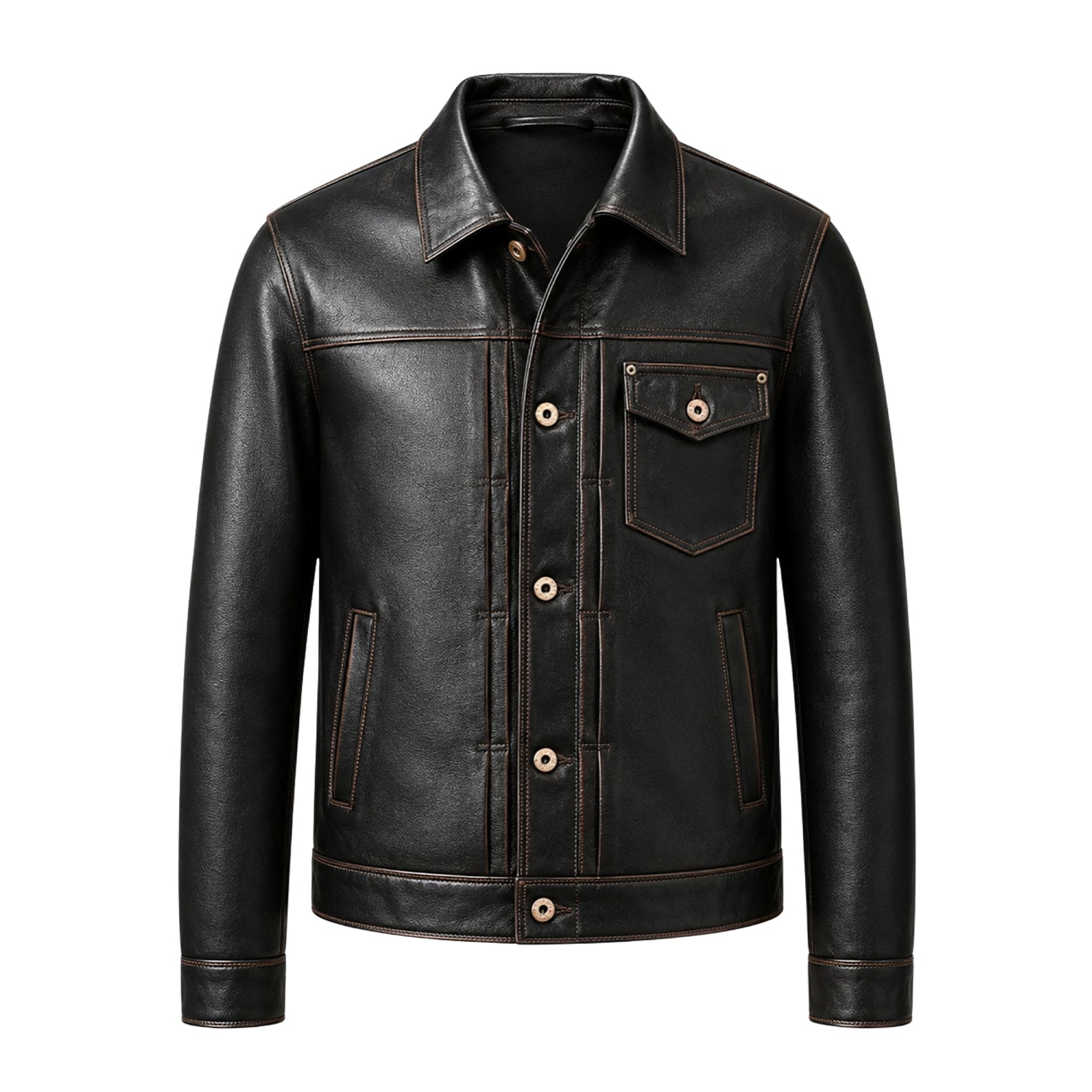 Men's Trucker Ribbed Cuffs Distressed Leather Jacket