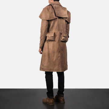 Army Brown Leather Duster Trench Coat