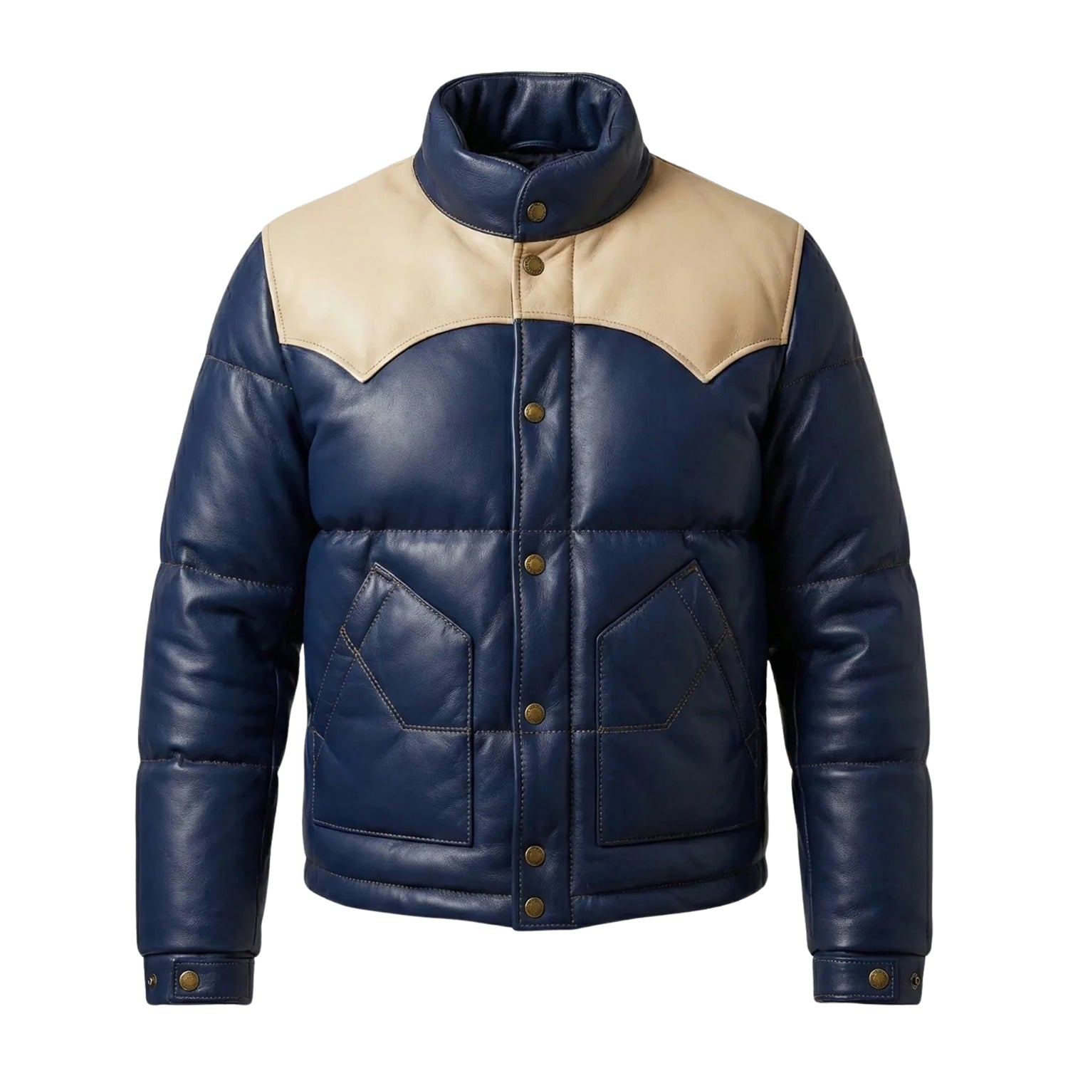 Mens Blue Puffer Leather Jacket
