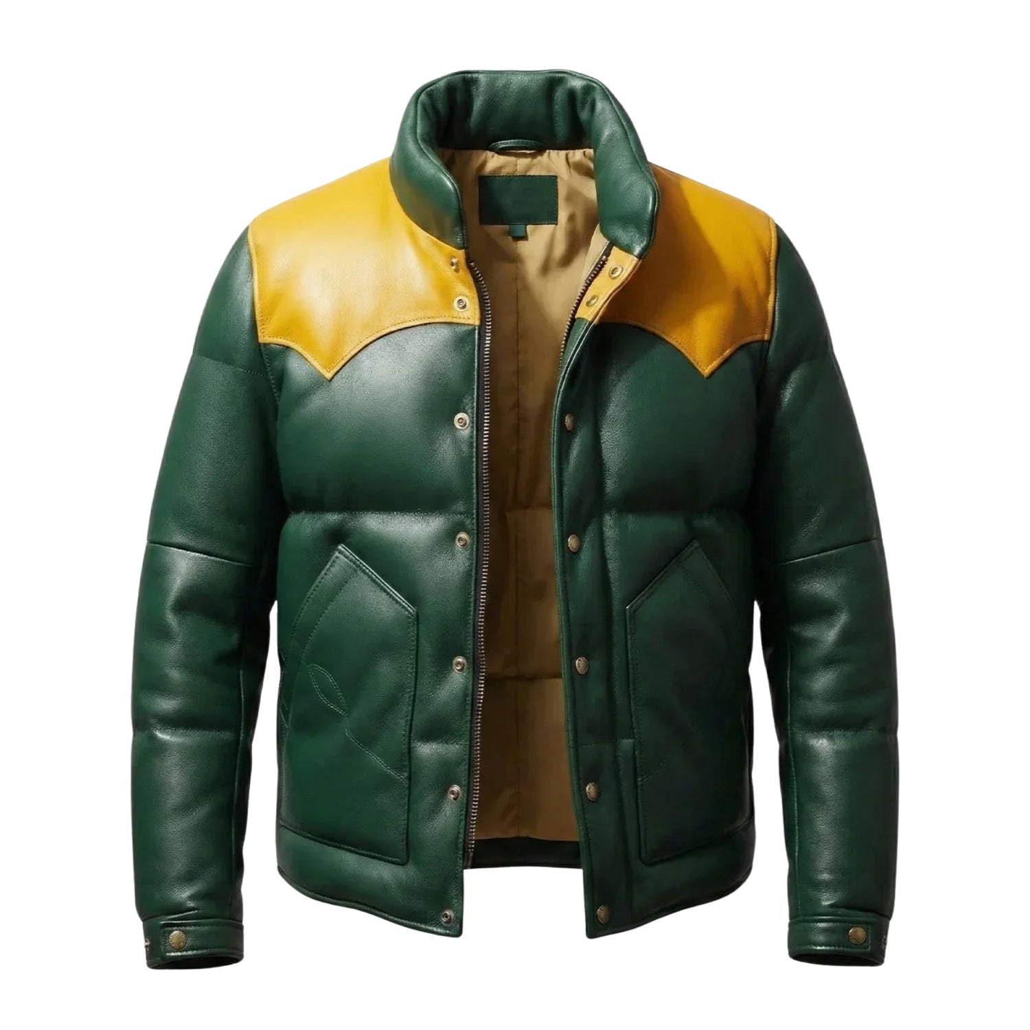 Mens Green Puffer Leather Jacket