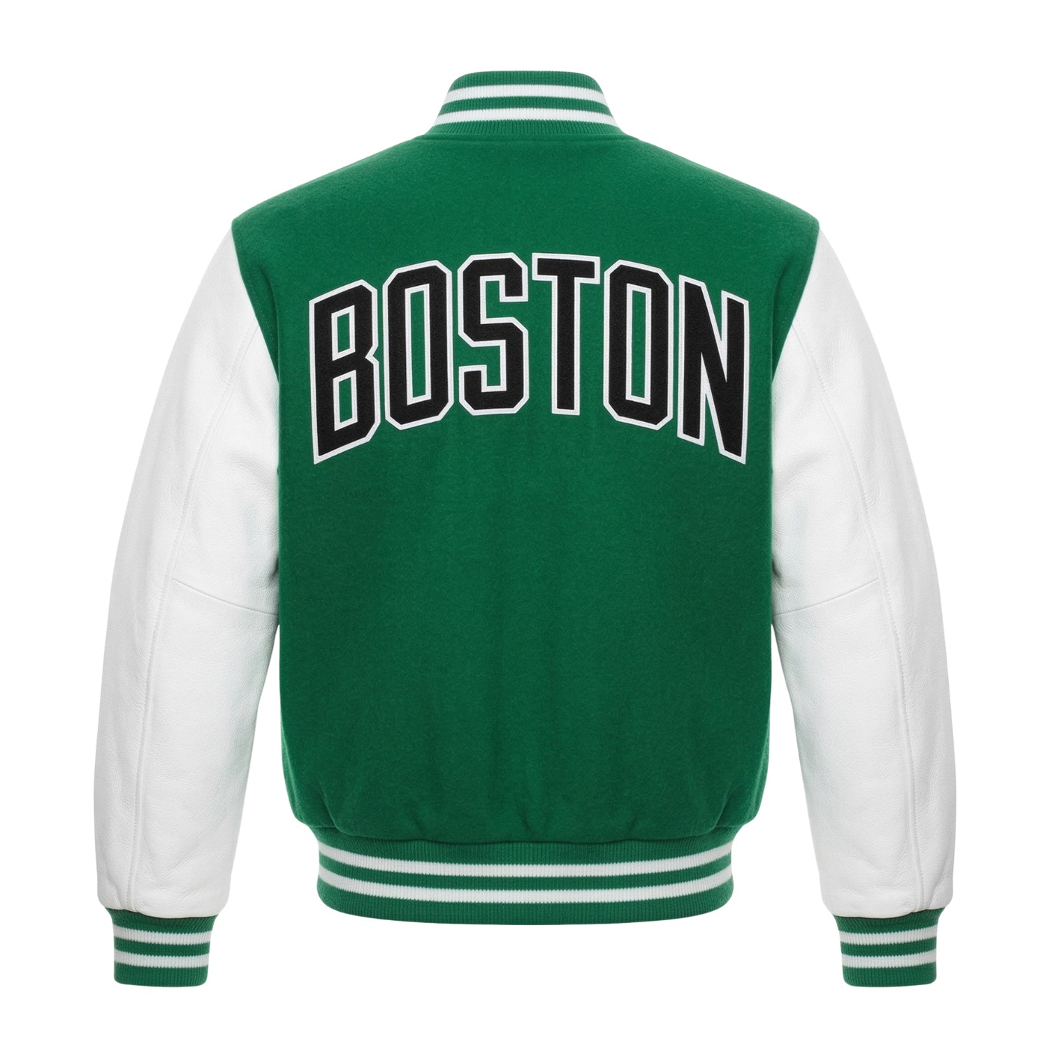 NBA Men's Boston Celtics Green and White Varsity Jacket (Back)