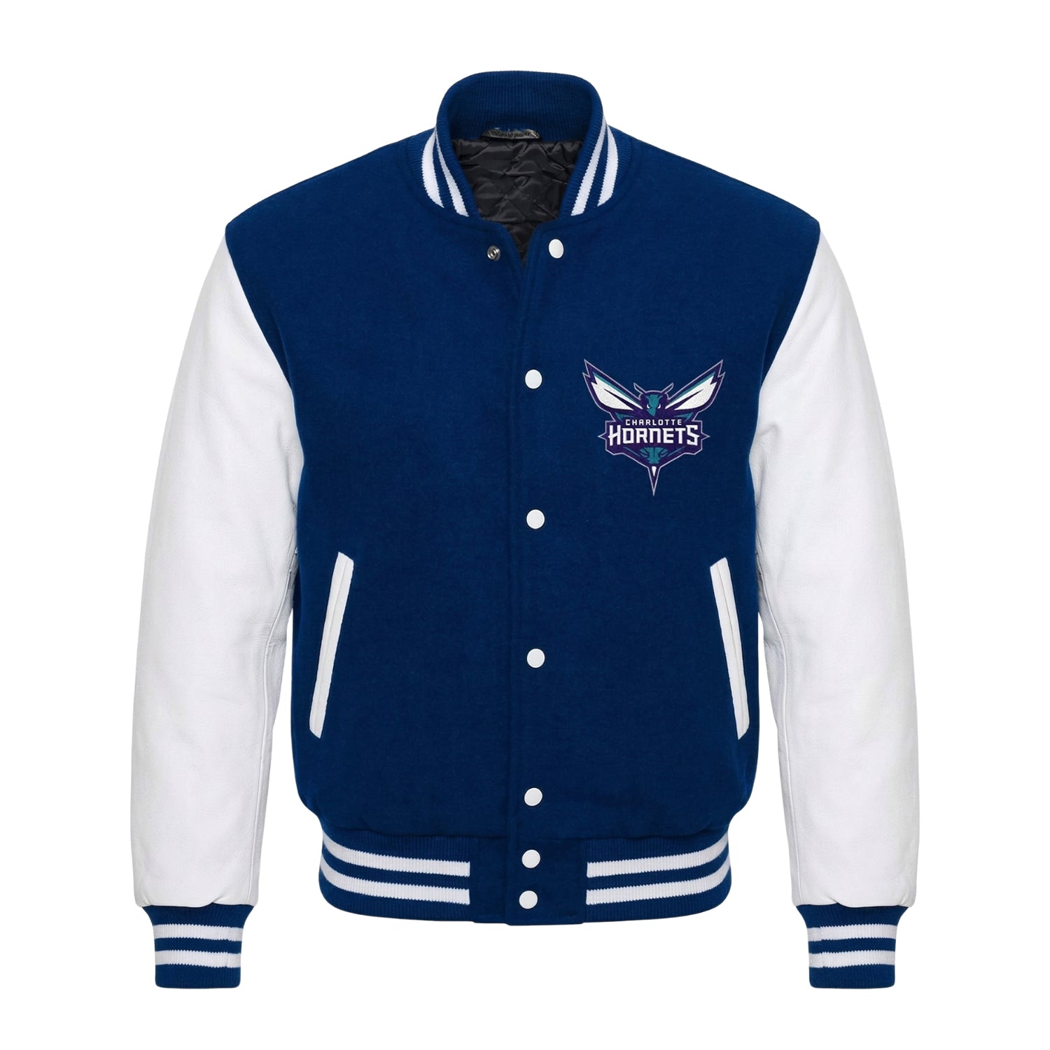 NBA Men's Charlotte Hornets Blue and White Varsity Jacket