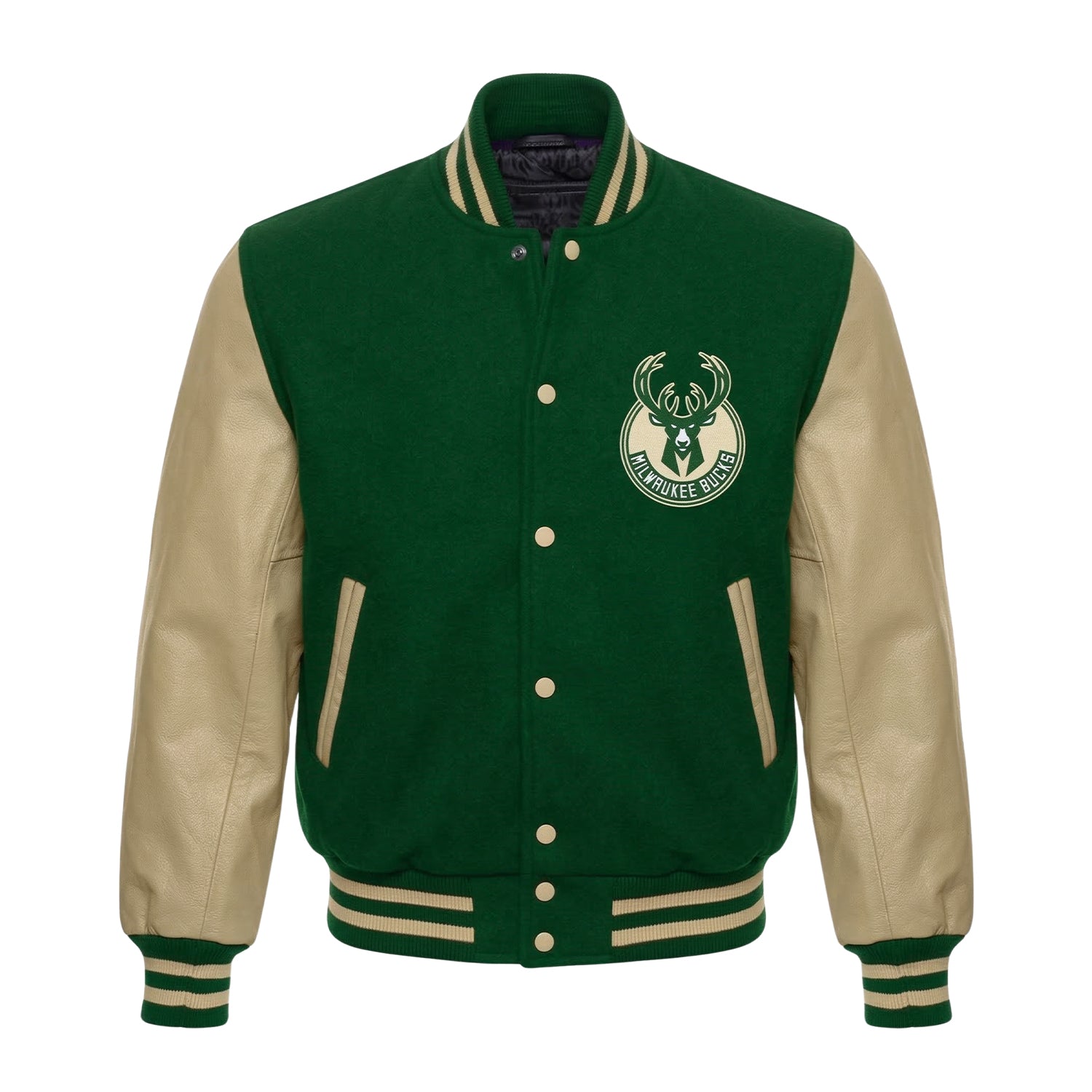 NBA Men's Milwaukee Bucks Beige and Green Varsity Jacket