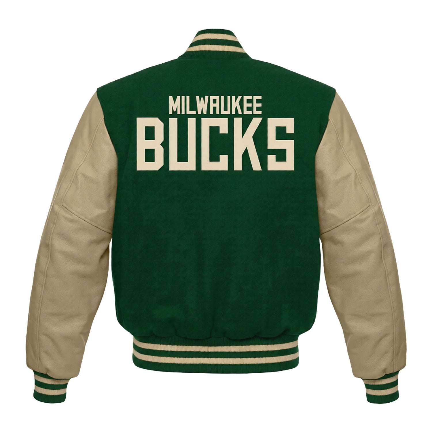 NBA Men's Milwaukee Bucks Beige and Green Varsity Jacket (Back)