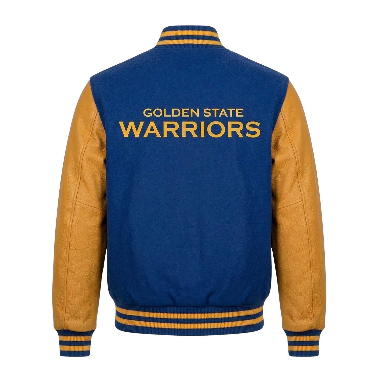 NBA Men's Golden State Warriors Blue and Yellow Varsity Jacket (Back)