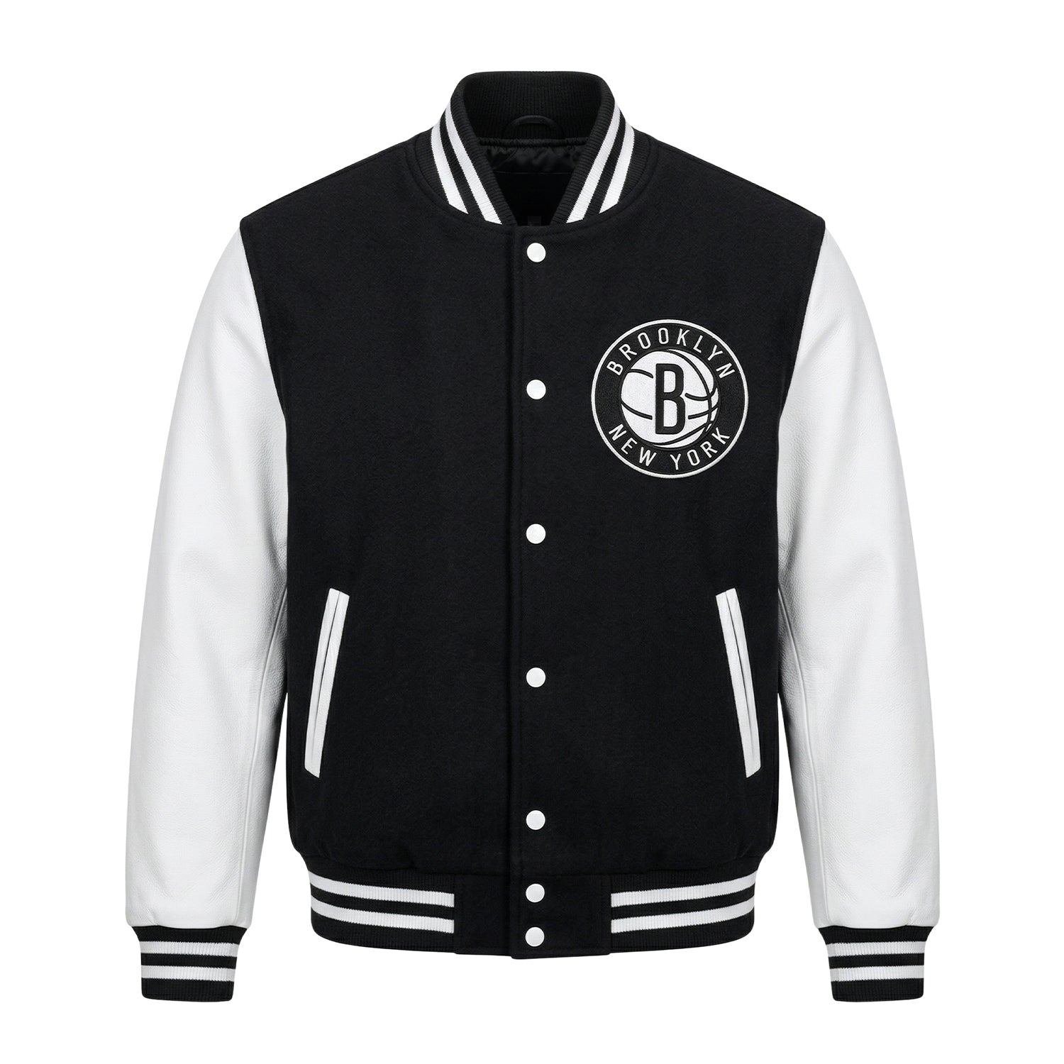 NBA Women's Brooklyn Nets Black and White Varsity Jacket