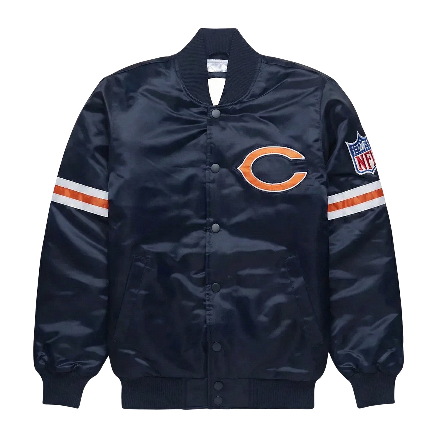 NFL Men's Chicago Bears Navy Blue Satin Varsity Jacket