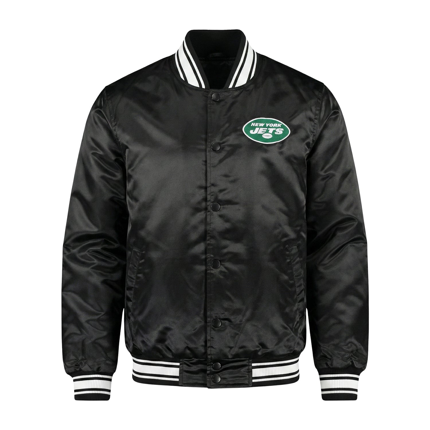 NFL Men's New York Jets Black Satin Varsity Jacket