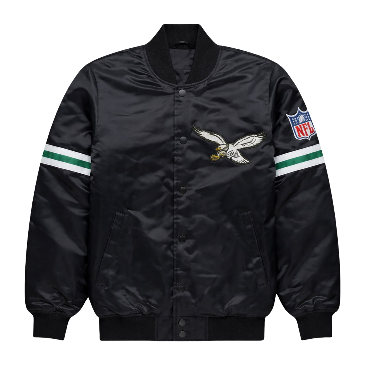 NFL Men's Philadelphia Eagles Black Satin Varsity Jacket