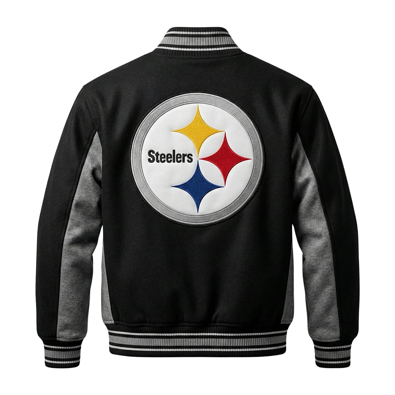 NFL Men's Pittsburgh Steelers Black Grey Varsity Jacket (Back)