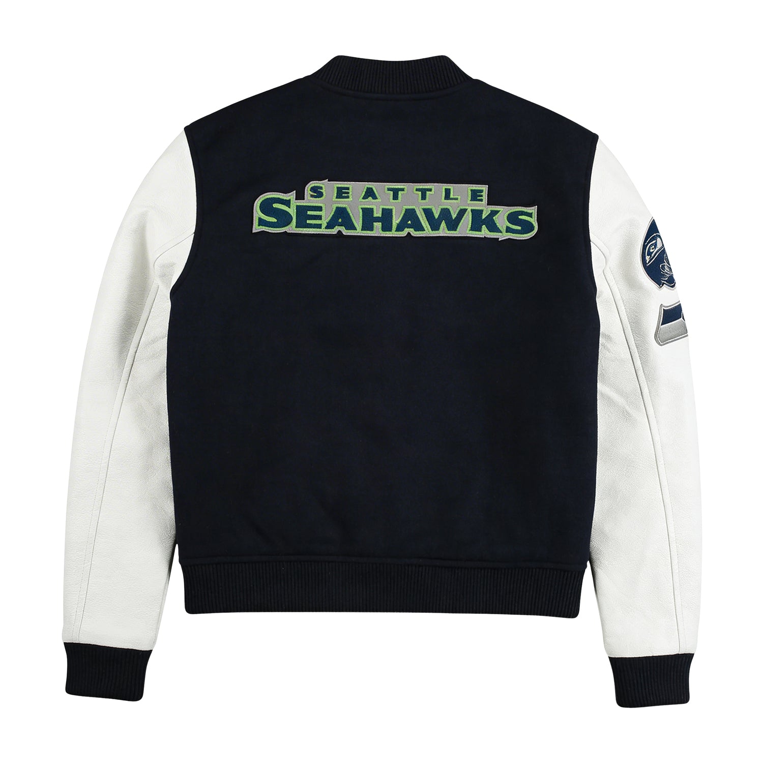NFL Men's Seattle Seahawks Navy & White Varsity Jacket (Back)
