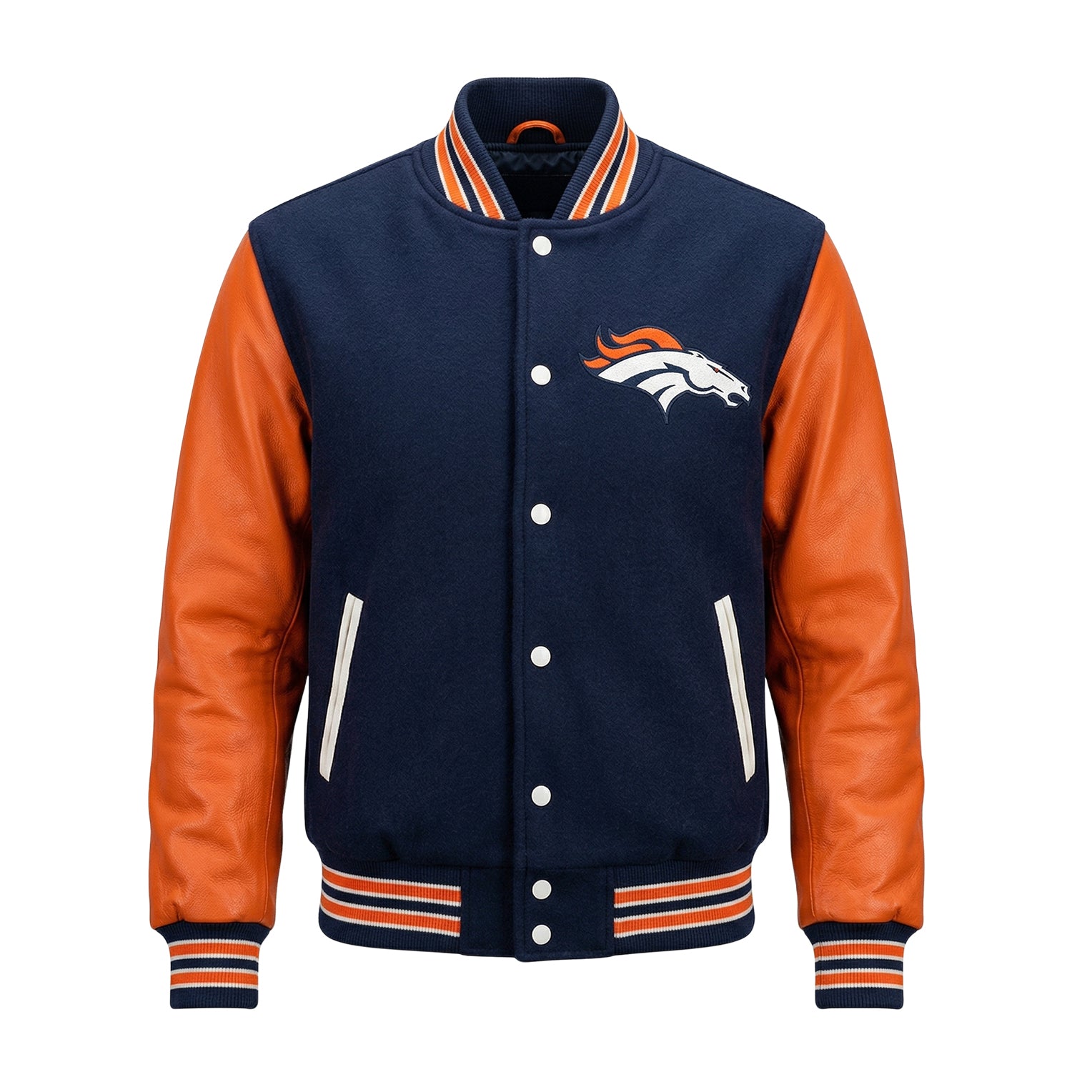 NFL Women's Denver Broncos Blue and Orange Varsity Jacket