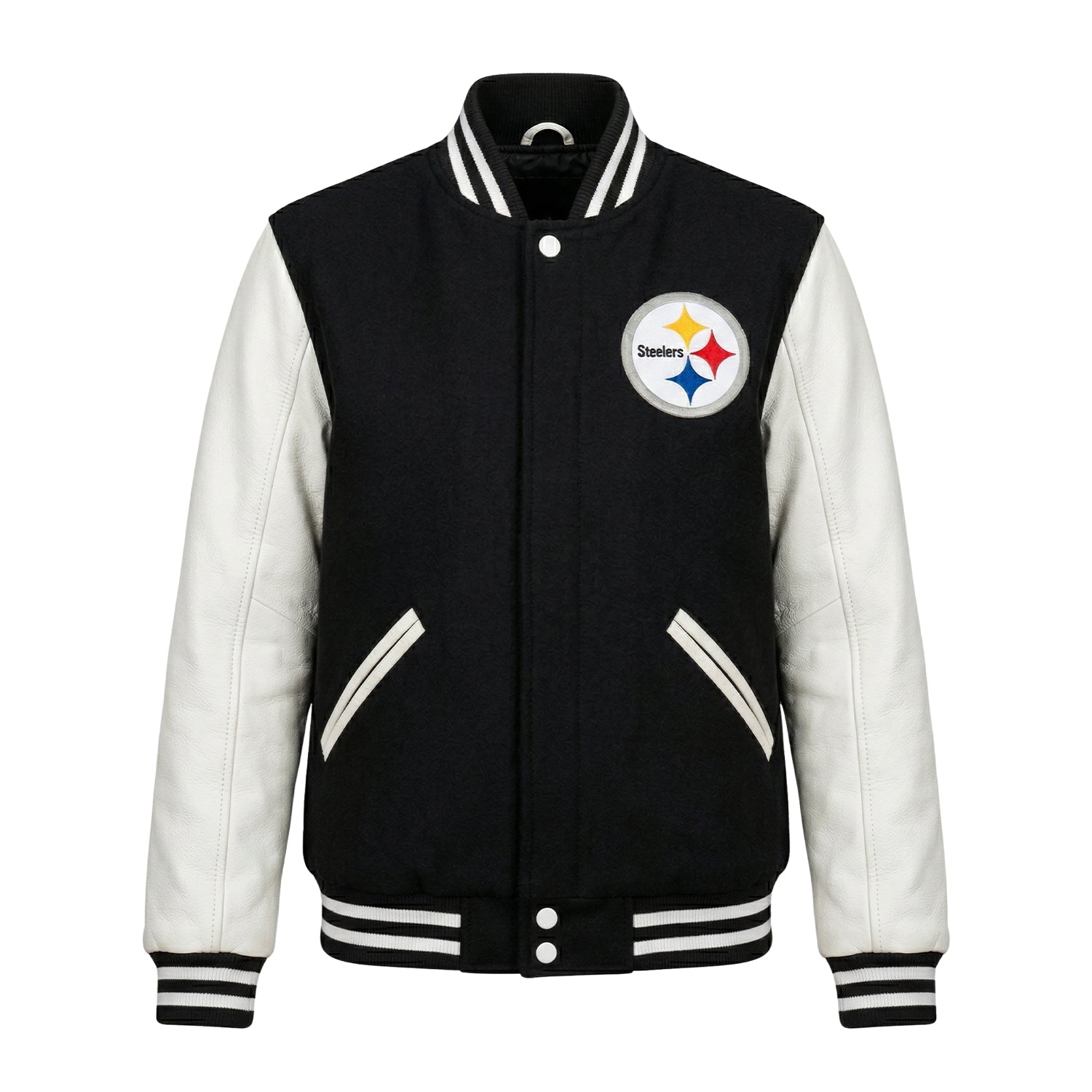 NFL Women's Pittsburgh Steelers Black and White Varsity Jacket