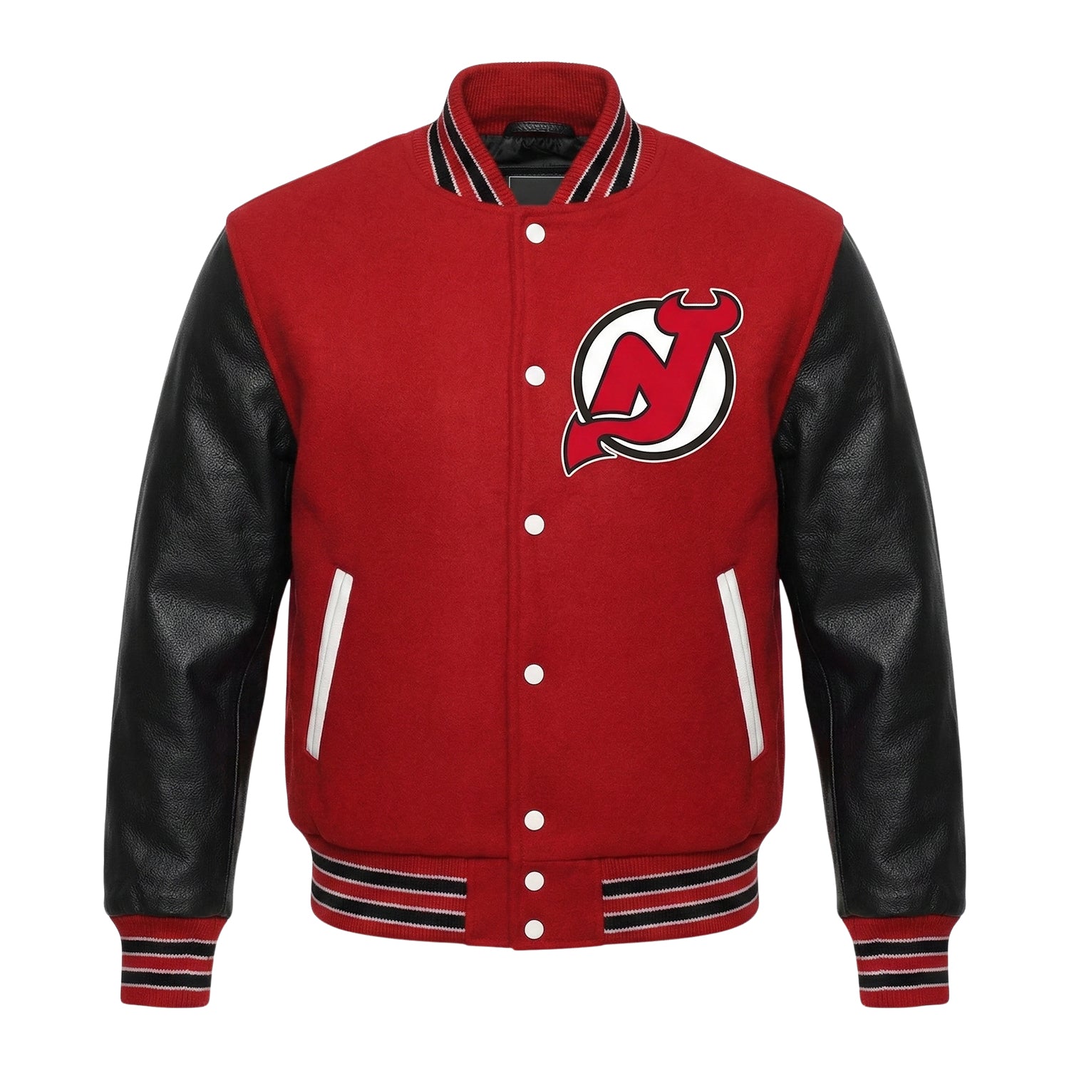 NHL Men's New Jersey Devils Red and Black Varsity Jacket