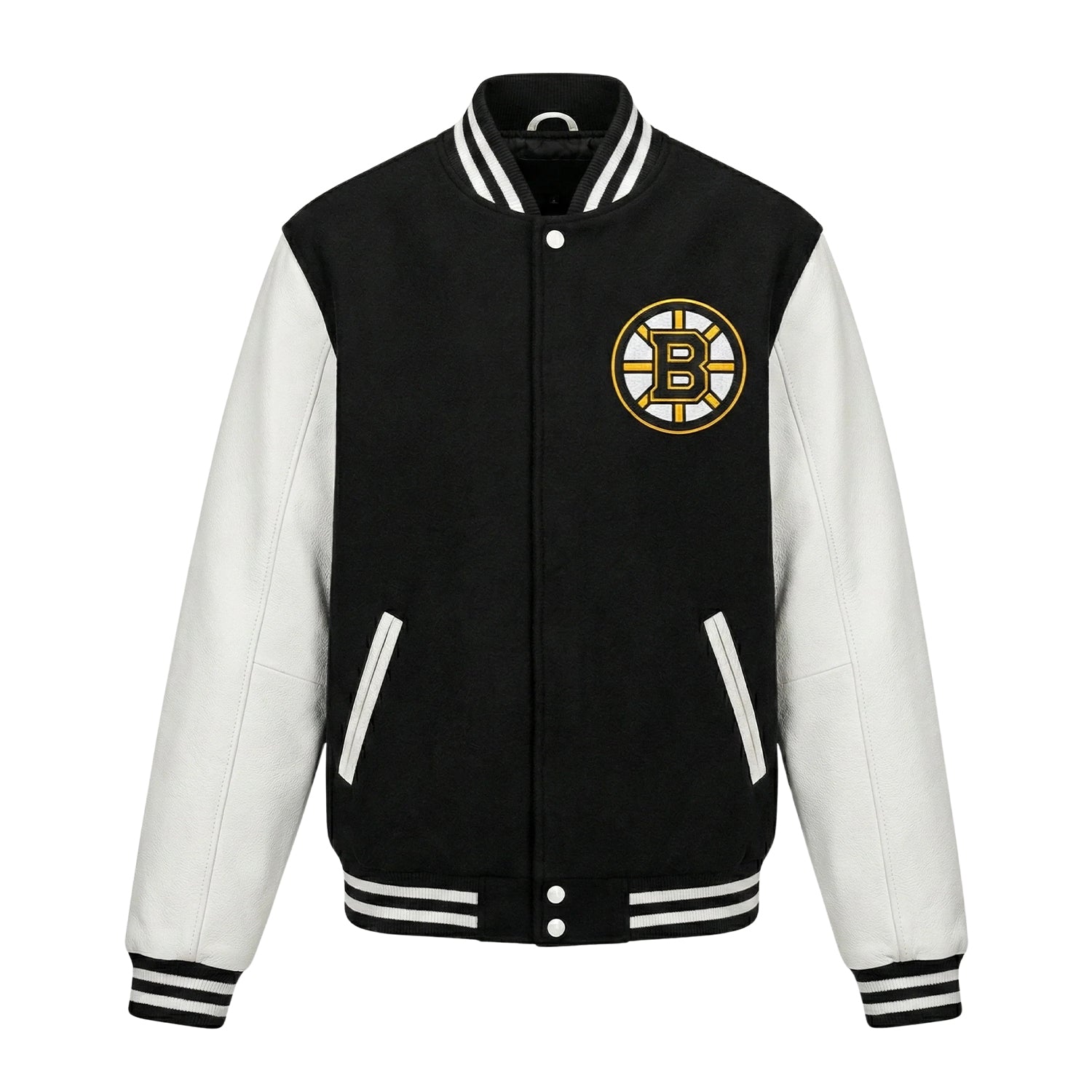 NHL Men's Boston Bruins White and Black Varsity Jacket