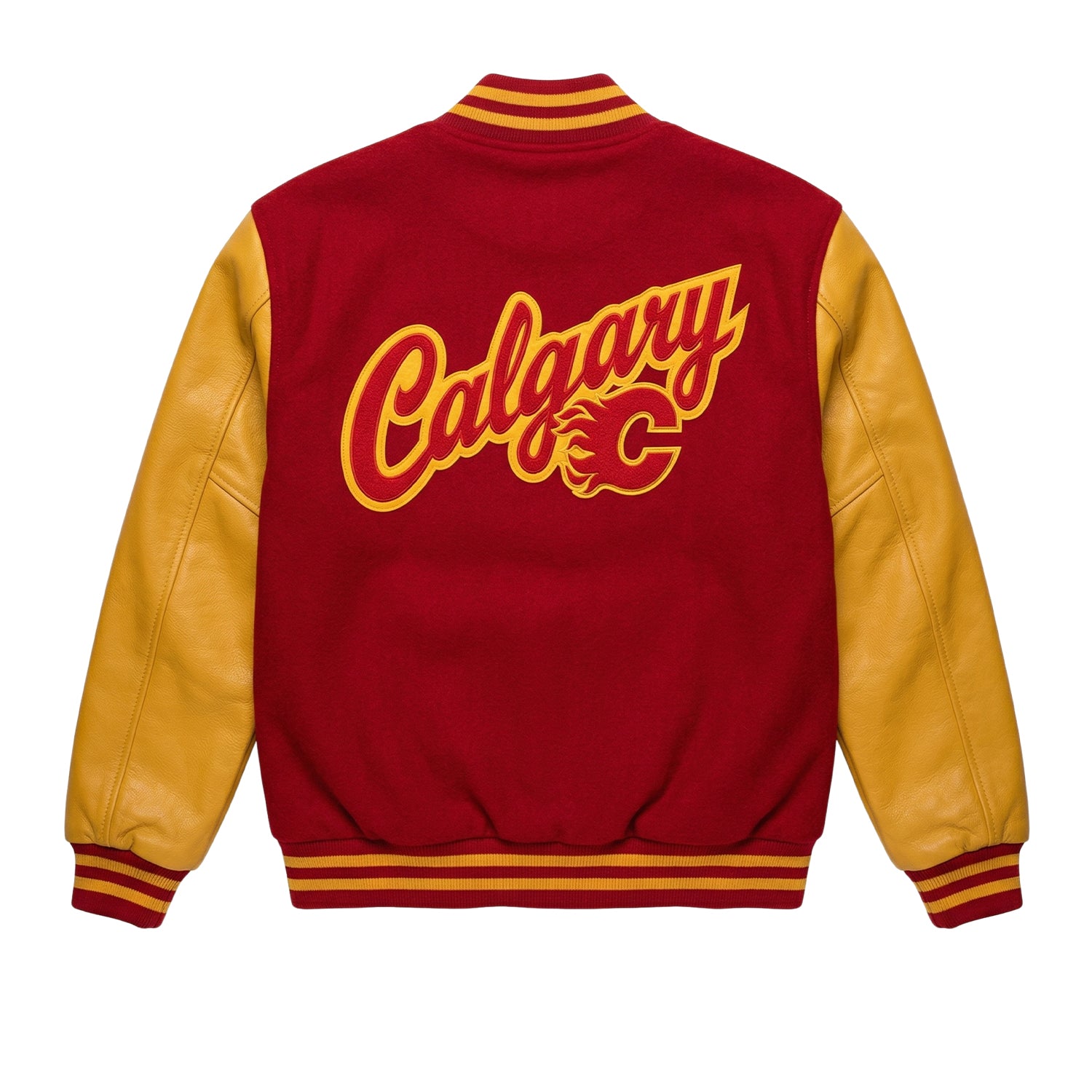 NHL Women's Calgary Flames Red and Yellow Varsity Jacket (Back)