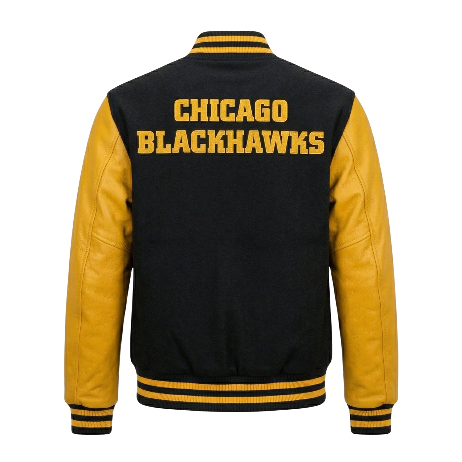 NHL Women's Chicago Blackhawks black and yellow Varsity Jacket (Back)