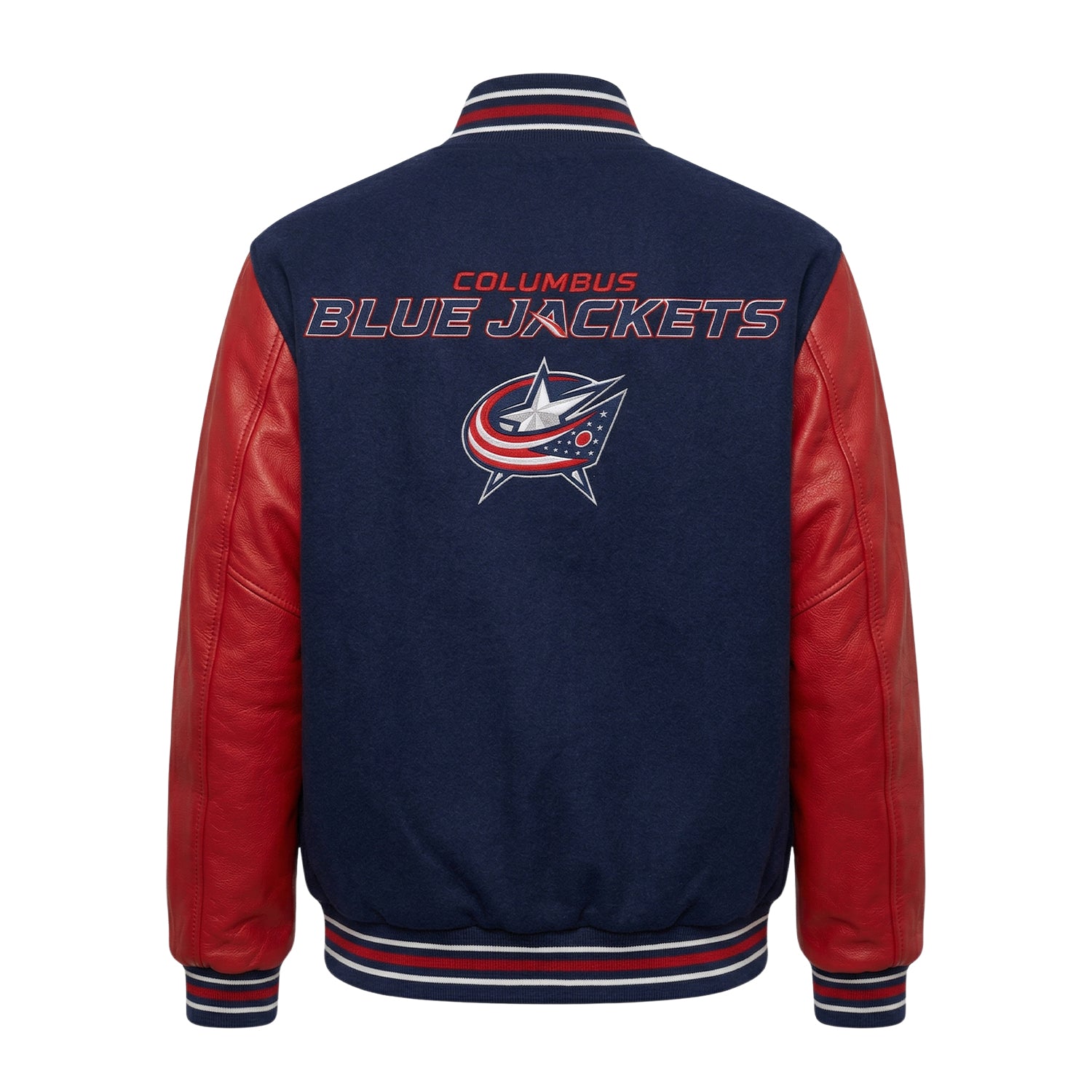 NHL Women's Columbus Blue Jackets Blue and Red Varsity Jacket (Back)