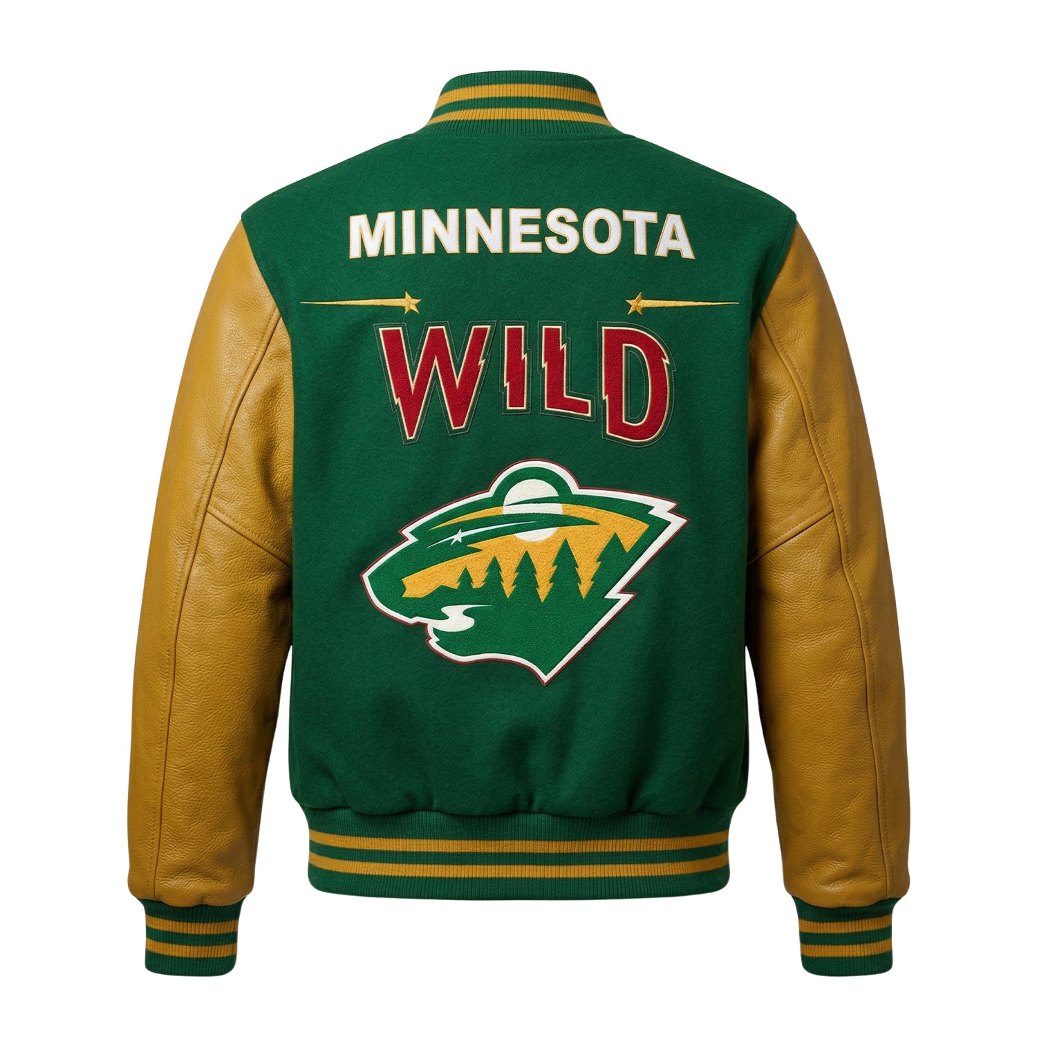 NHL Women's Minnesota Wild Lite Green and Yellow Varsity Jacket (Back)