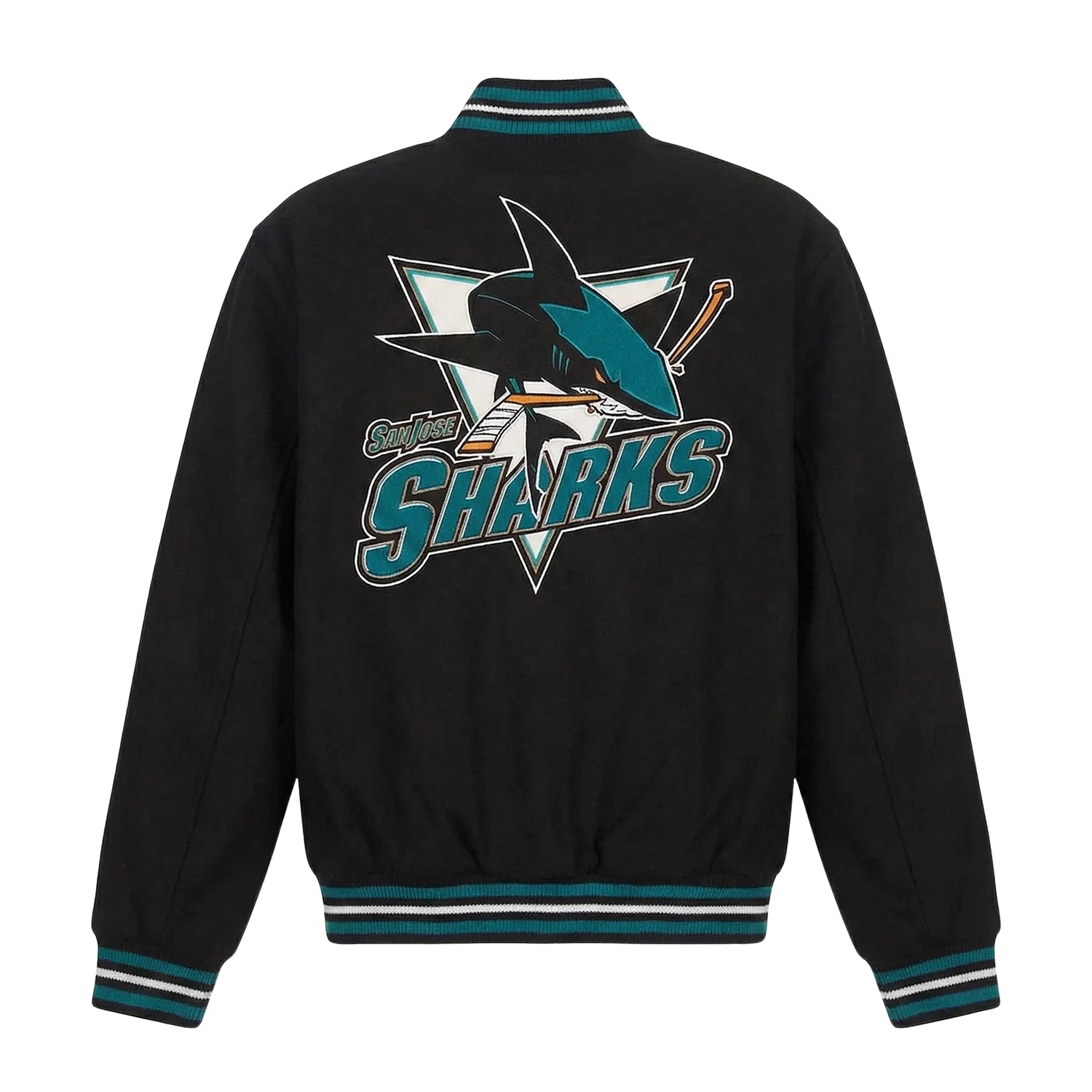 NHL Women's San Jose Sharks Black Varsity Jacket (Back)